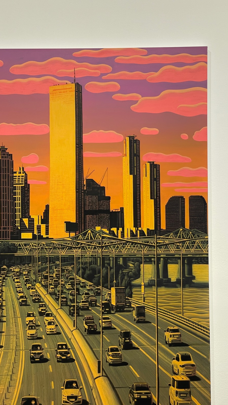 <퇴근길 한강대교>, 2025-2026. Acrylic and acrylic gouache on canvas 130.5x130.5cm 부분