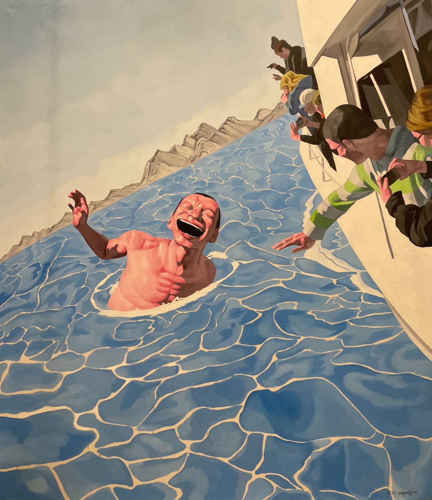 Yue Minjun, 방관자, oil on canvas, 230 × 200 cm, 2011