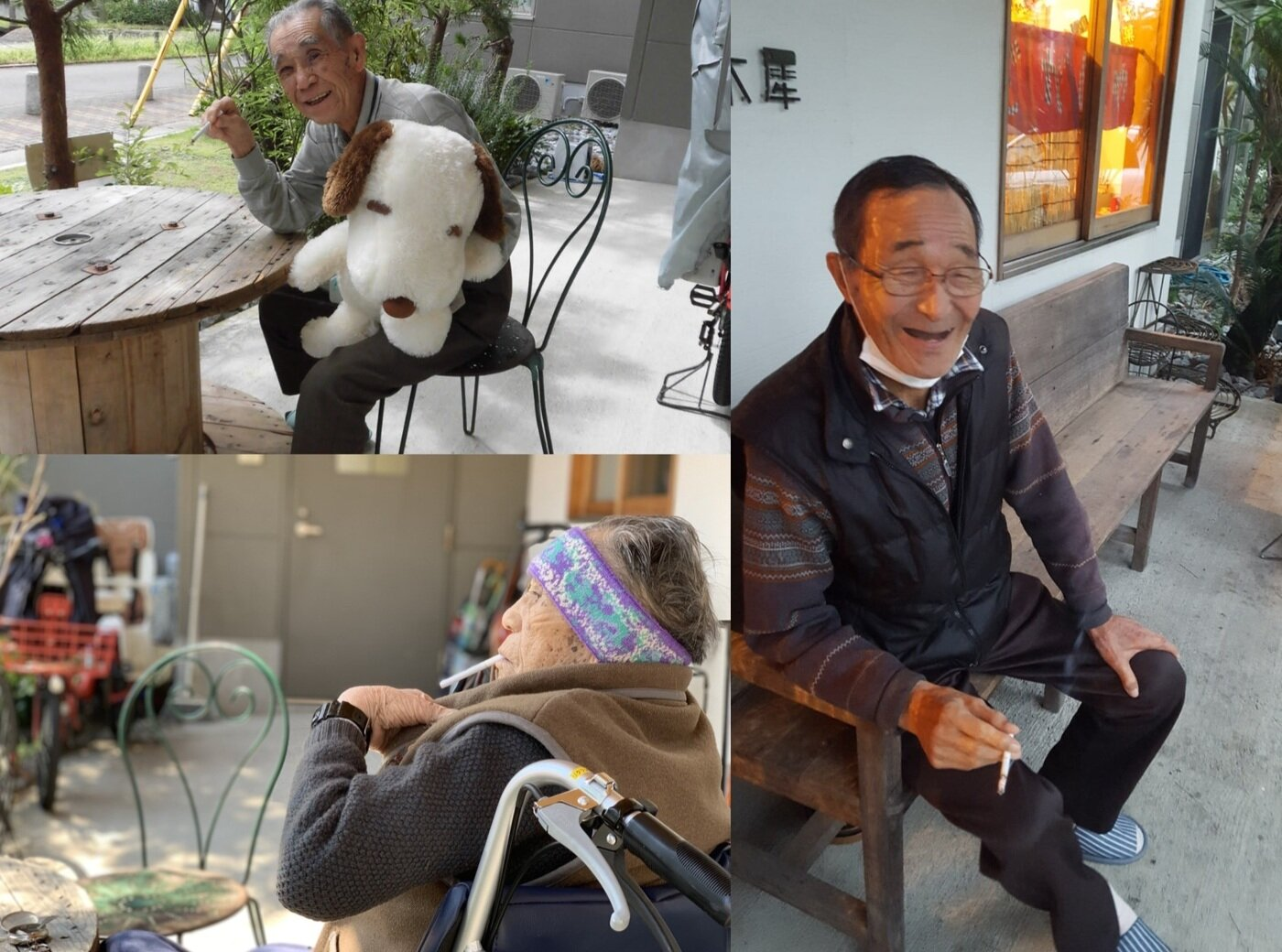 일본의 서비스형 고령자 주택 '긴모쿠세이 우라야스' 입주자들이 시설 앞 마당에서 담배를 피우는 모습 (긴모쿠세이 우라야스 제공) 이미지 = 뉴스1