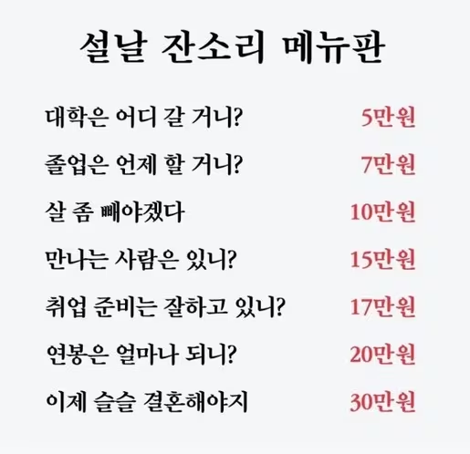'잔소리 티셔츠' 등판에 새겨진 설날 잔소리 메뉴판, 이미지 = 카카오페이