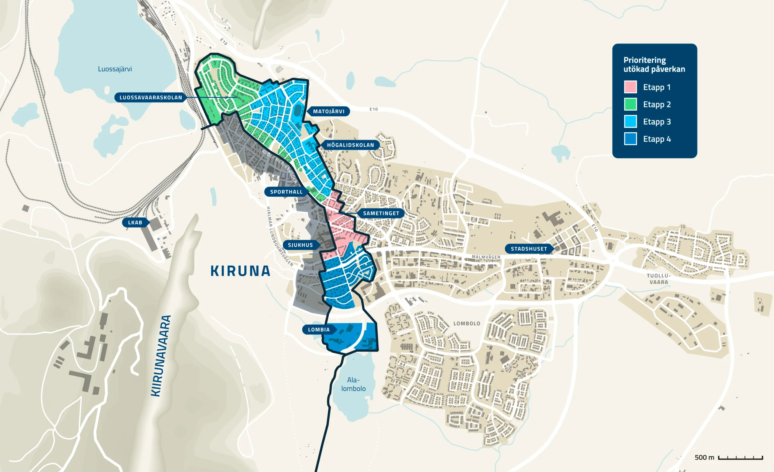 2025년 9월 12일에 발표된 계획. 컬러 처리된 부분이 새롭게 영향을 받는 지역이며 Etapp 1-4 순으로 철거가 진행될 예정. 출처: https://lkab.com/samhallsutveckling/paverkansomrade-kiruna/