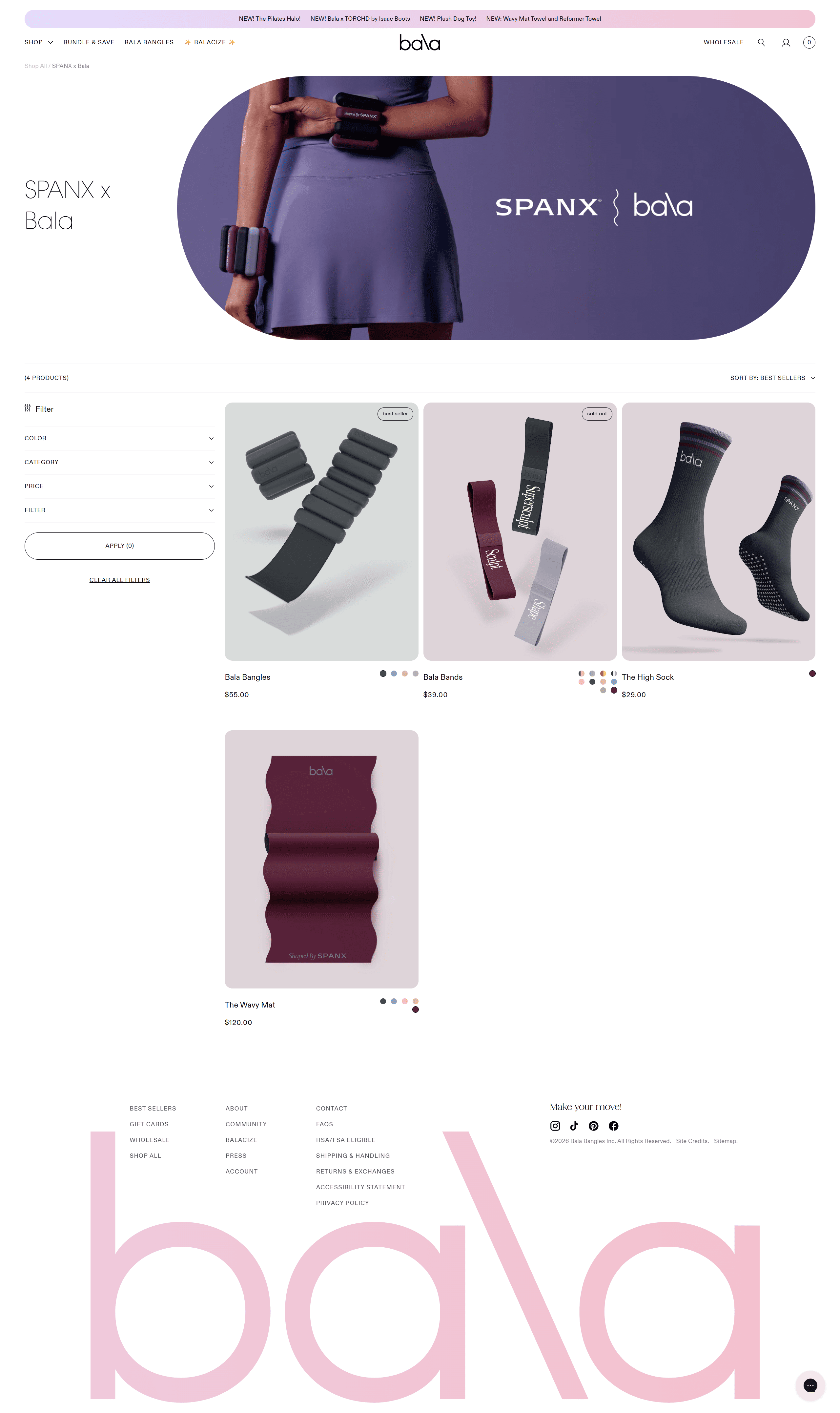 Bala 웹사이트에 올라온 스팽스 콜라보 제품 (운동 시 사용할 수 있는 제품을 판매하고 있다)