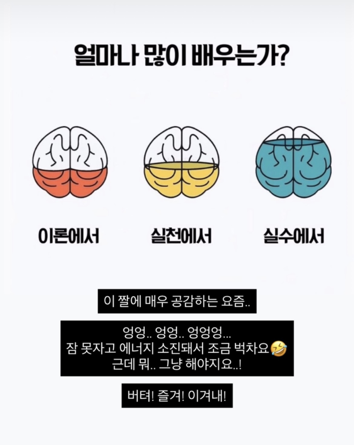 잠 못자고 에너지 소진돼서 벅차기도 하지만, 그만큼 많이 배우는 중 입니다.