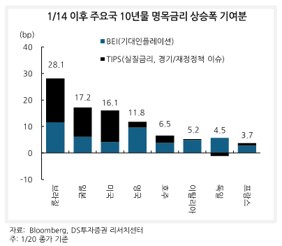 출처: DS투자증권 리서치 - 주요국 10년물 금리 상승폭 기여분 차트