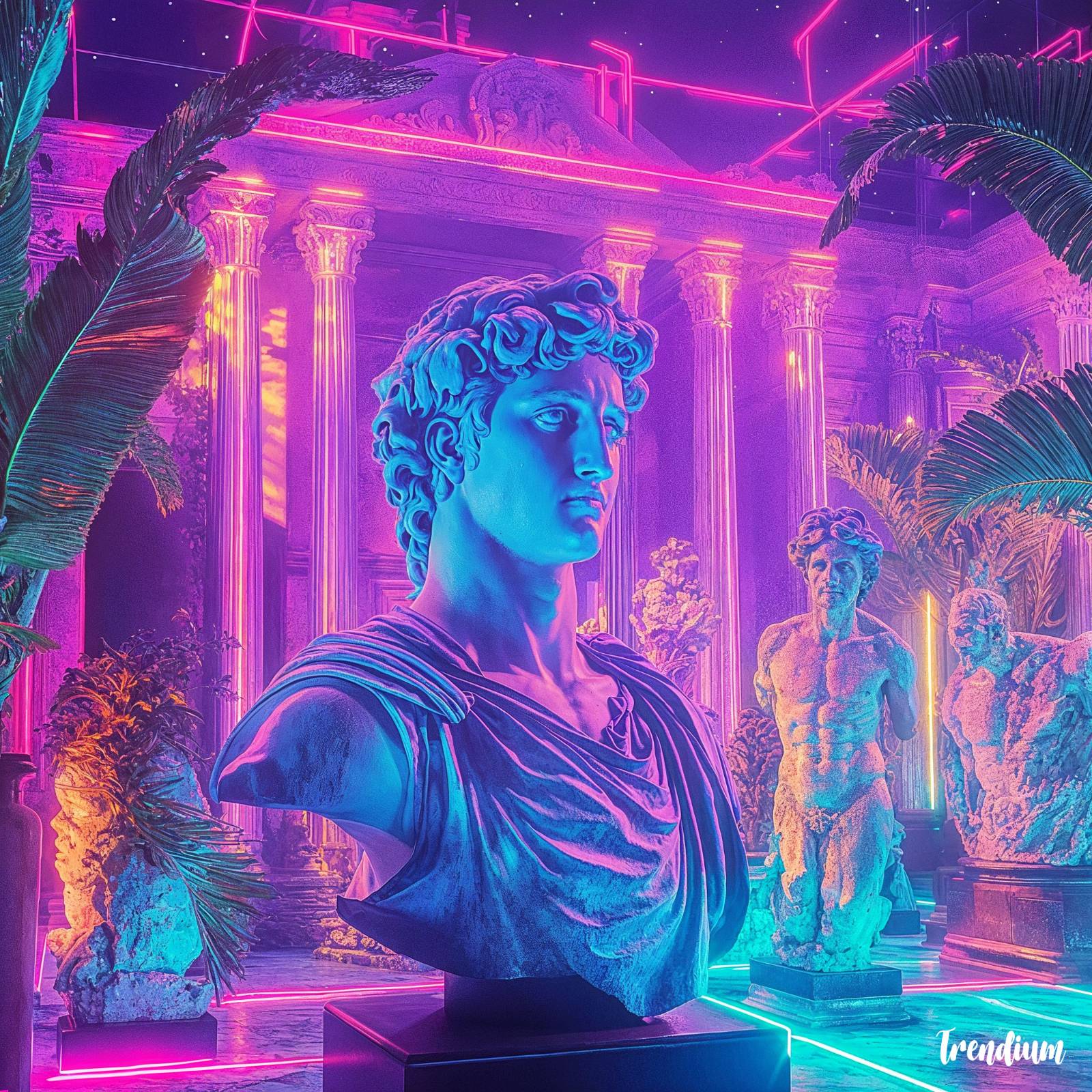 [prompt] Vaporwave-style image collage with neon lights, classical statues and tropical vibes