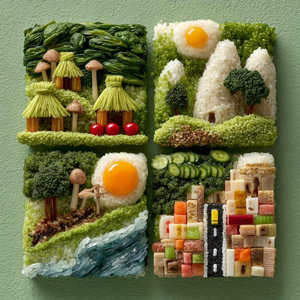 시금치, 브로콜리, 쌀, 달걀, 떡, 오이 등이 살아 있는 벤또 아트