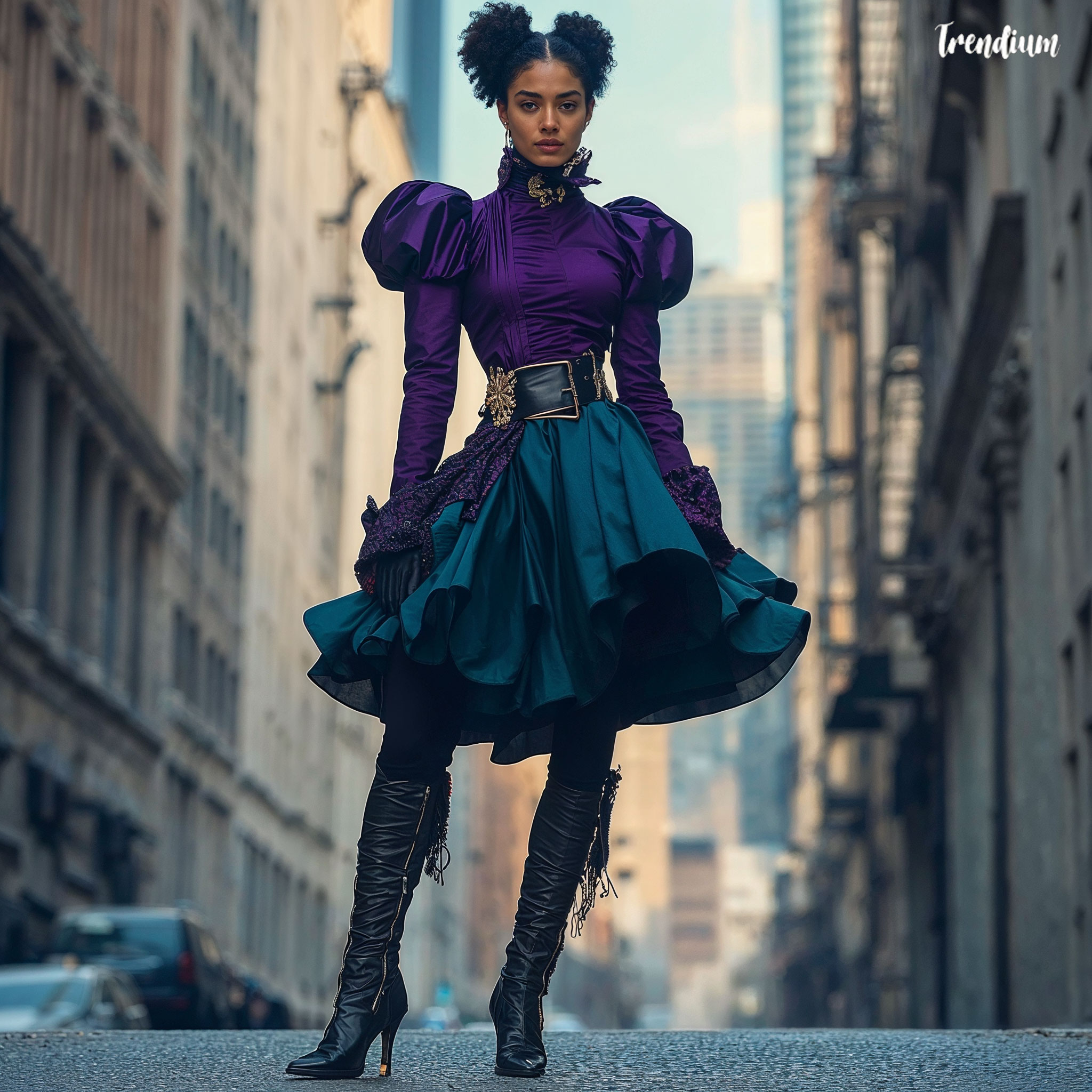 A modern interpretation of Victorian fashion, featuring a young woman in an urban setting. The outfit combines a fitted corset-inspired top with a high collar, puff sleeves, and a layered, asymmetrical skirt that falls just above the knee. The color palette includes deep purples and teals with gold accents. The model wears ankle boots with a slight heel and carries a small, structured handbag. Her hair is styled in a loose, modern updo with braided elements. The background shows a contemporary cityscape with historical architecture. The image should have a cinematic quality with dramatic lighting, highlighting the contrast between Victorian-inspired elements and modern design. Style: high-fashion photography, ultra-detailed, 8k resolution.