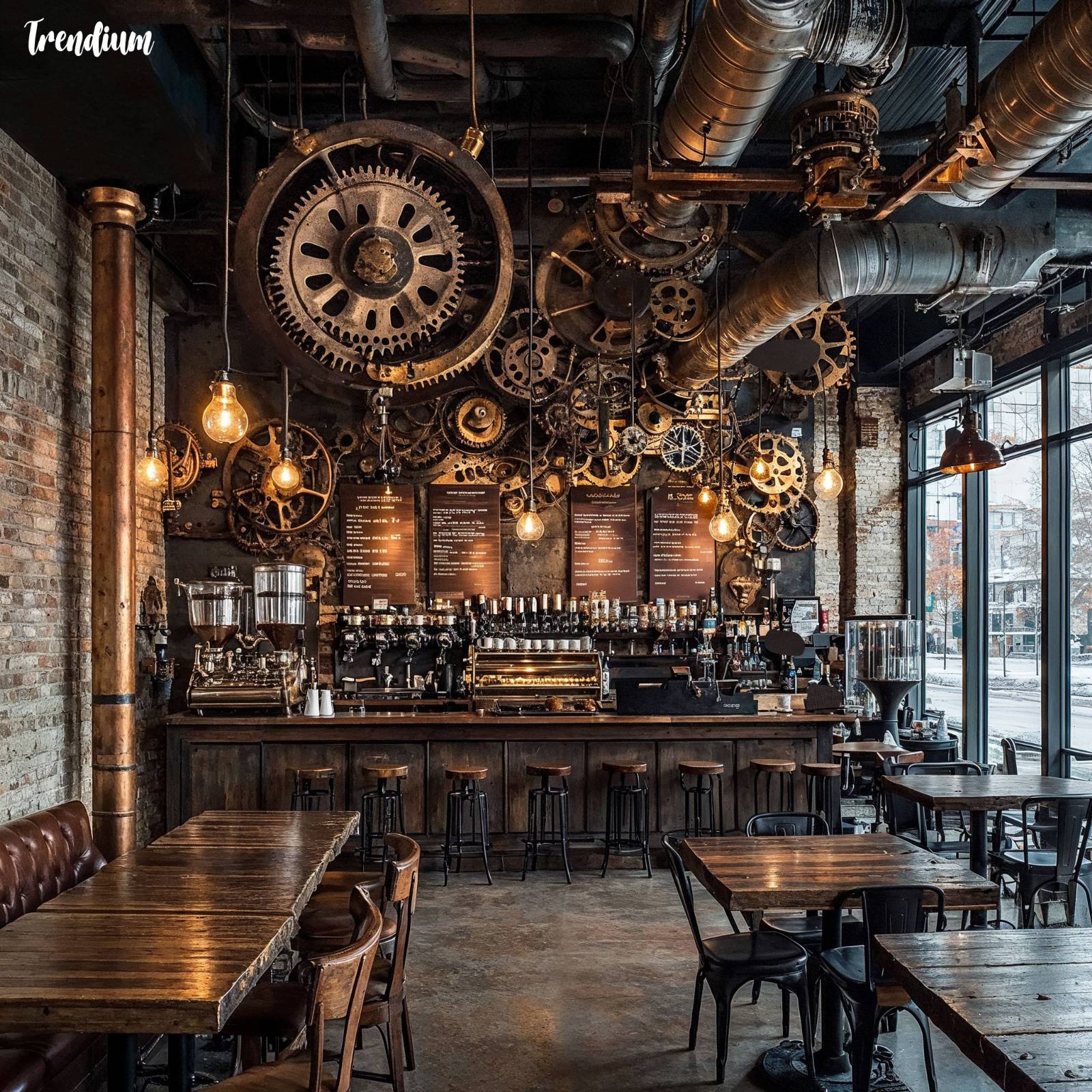 [prompt] Design a steampunk-inspired café interior with a warm, vintage industrial vibe. The space features exposed brick walls and metallic pipes running across the ceiling, with large, intricate brass gears and cogs as wall decor. The furniture consists of rustic wooden tables with metal accents, paired with leather chairs and brass rivets. Hanging from the ceiling are custom light fixtures made from repurposed mechanical parts, with Edison bulbs casting a warm, ambient glow. The coffee bar is a focal point, built from reclaimed wood and copper, with visible steam-powered machinery, brass espresso machines, and vintage dials and gauges. The menu boards are framed with copper piping, and old clocks with exposed gears adorn the walls. The color palette includes deep browns, rich copper, and dark metals, creating a cozy yet industrial feel. The overall atmosphere is inviting and artistic, perfect for a trendy, steampunk-themed café.