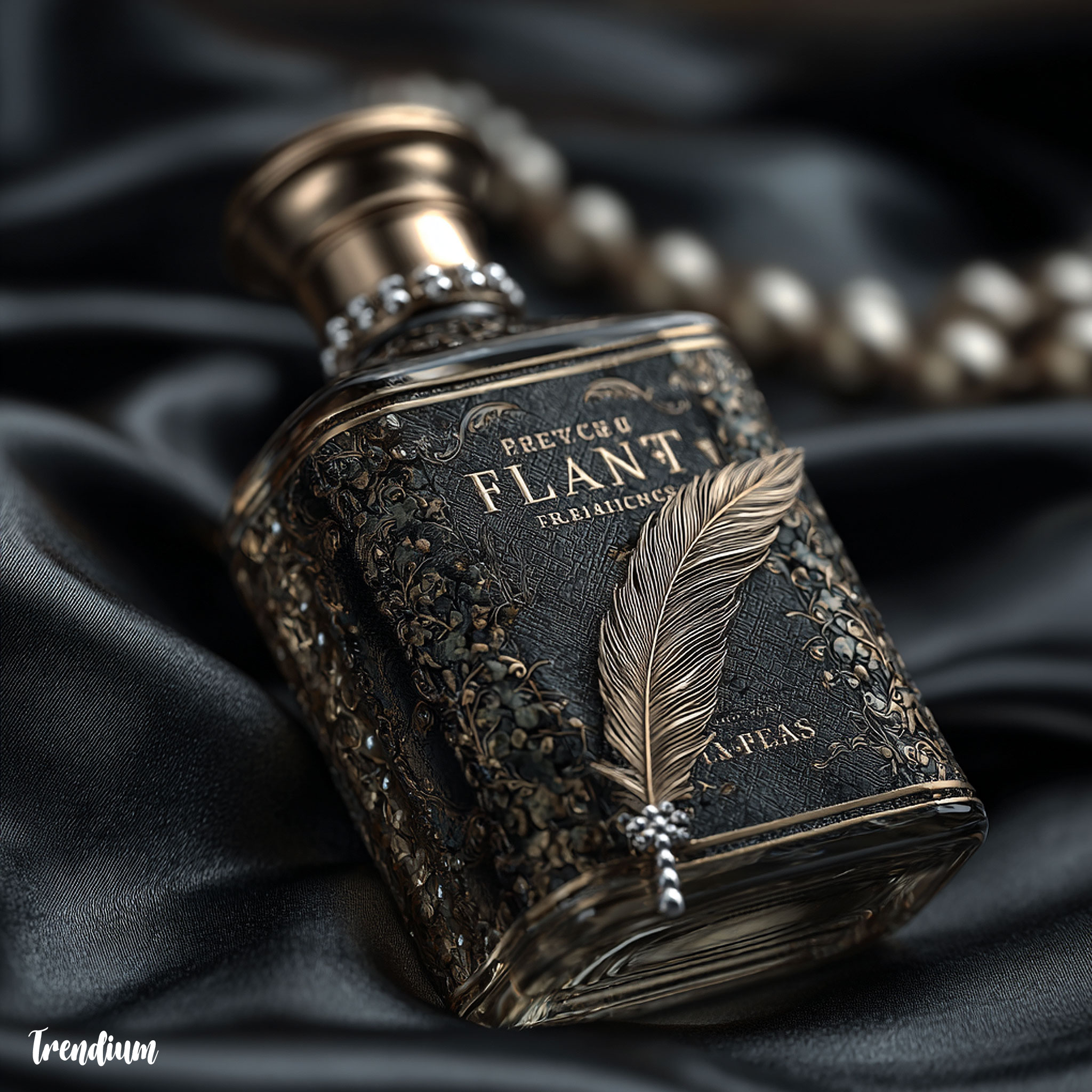 [prompt] 1920s flapper-inspired perfume bottle design, feather motif, pearl details, Art Deco typography, vintage luxury packaging on black satin background --v 7 --stylize 350