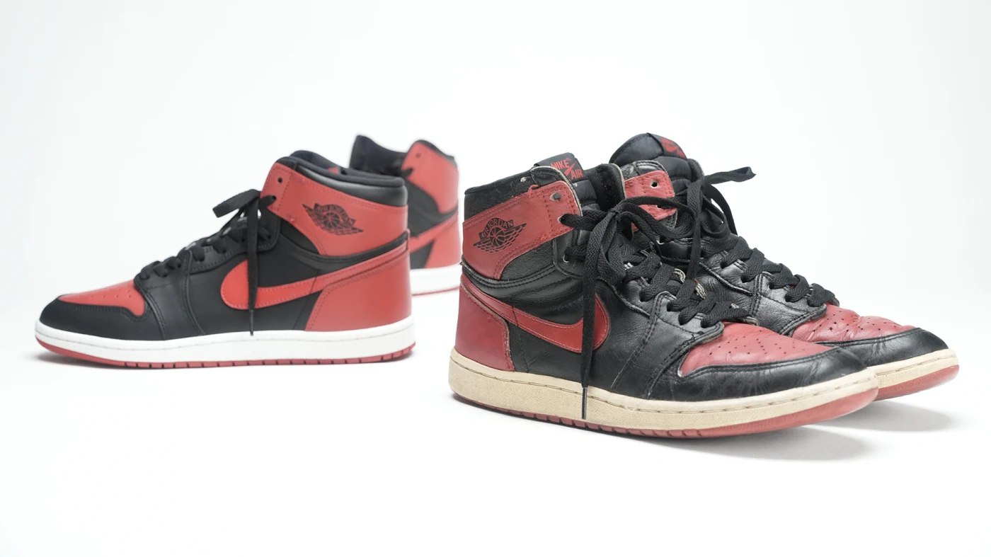 The 2025 ‘Bred’ Air Jordan 1 retro (left) and the 1985 original. Via Complex