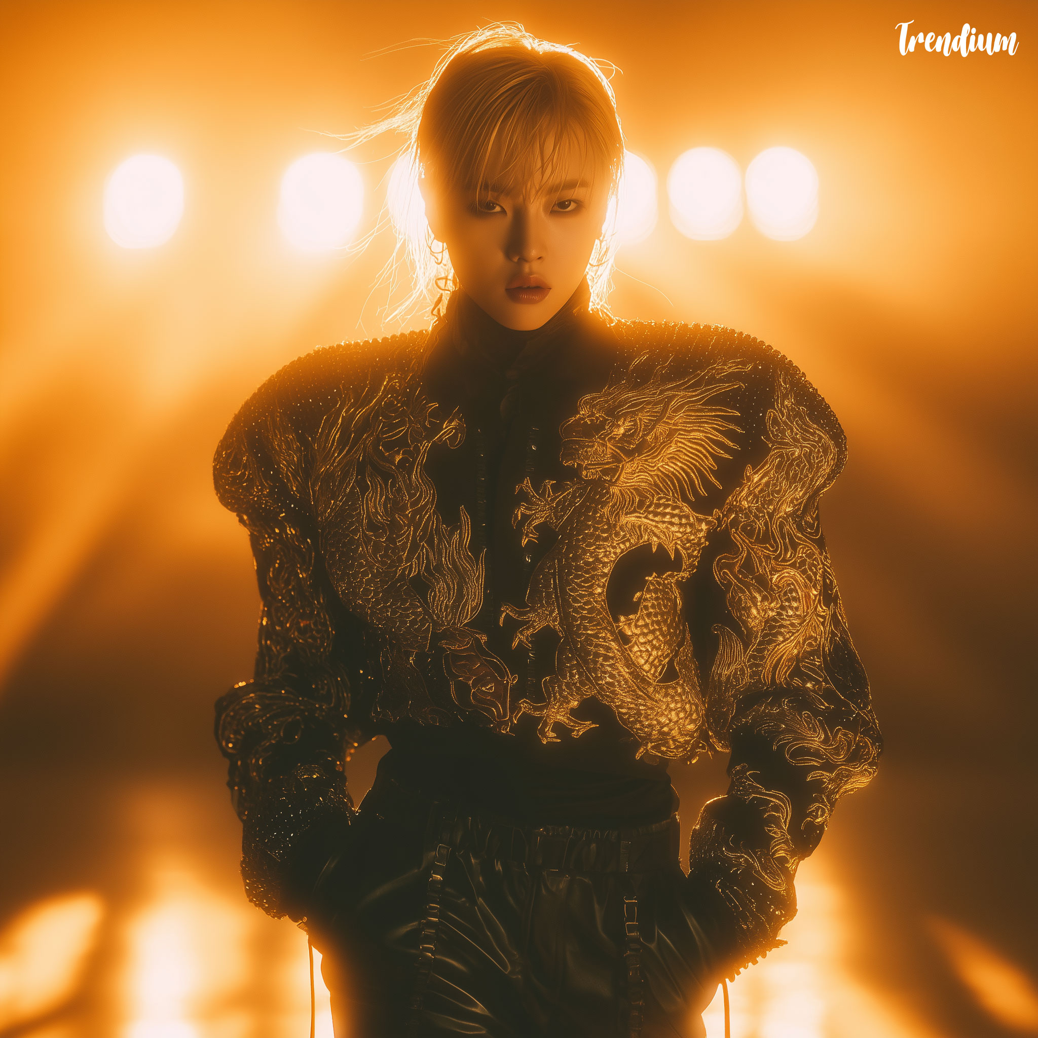 [prompt] kpop Idol styled in stage outfit featuring bold golden dragon embroidery across armored shoulder pads, paired with fitted black pants and boots, Harper’s Bazaar stage editorial, Fujifilm GFX100, 110mm lens, glowing concert lights --style raw --v 7 --stylize 500