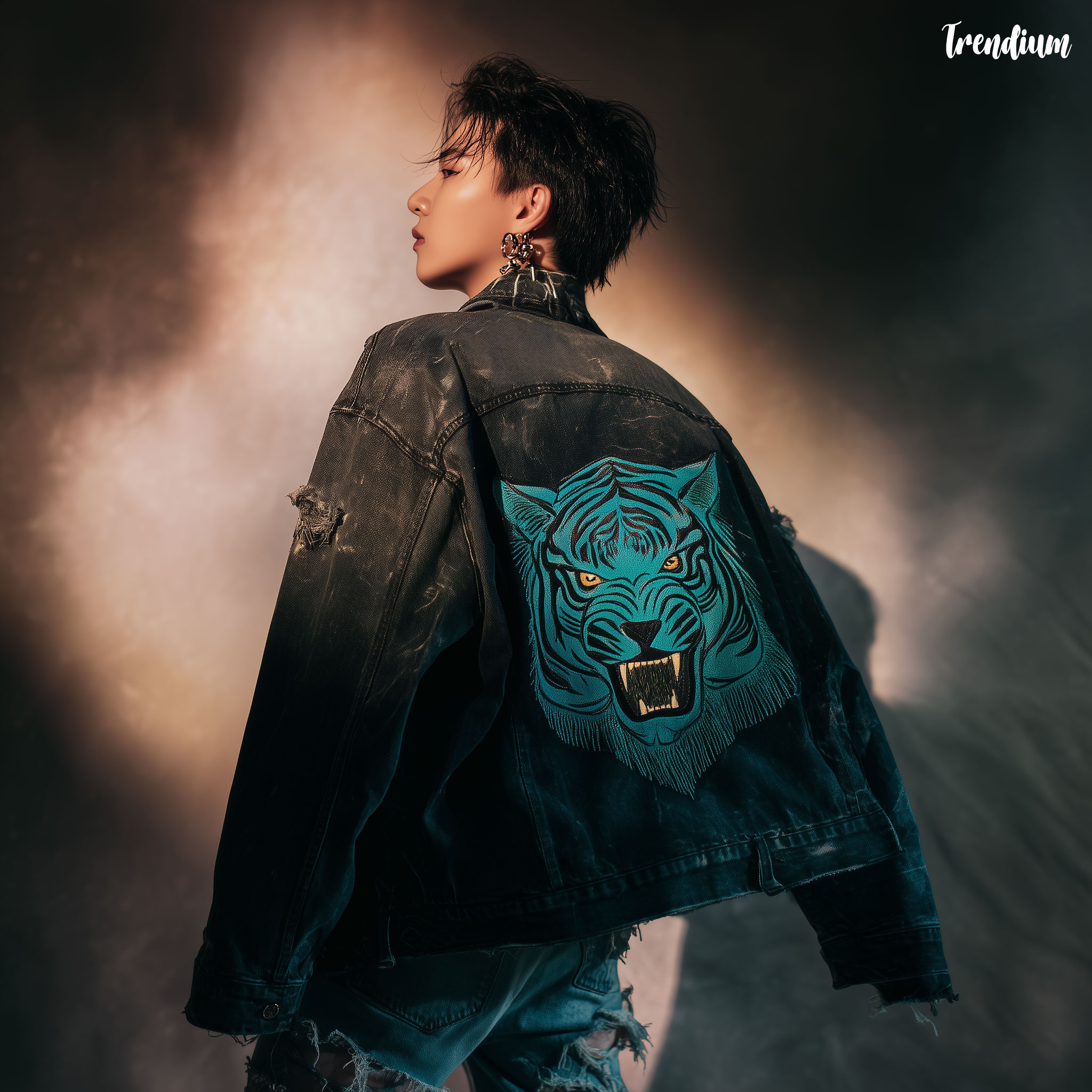 [prompt] Male K-pop idol in oversized streetwear jacket with embroidered teal tiger motif on back, styled with ripped denim, bold stage attitude, Vogue Homme pictorial, Fujifilm GFX100, 110mm lens, dramatic backlight --style raw --v 7 --stylize 50