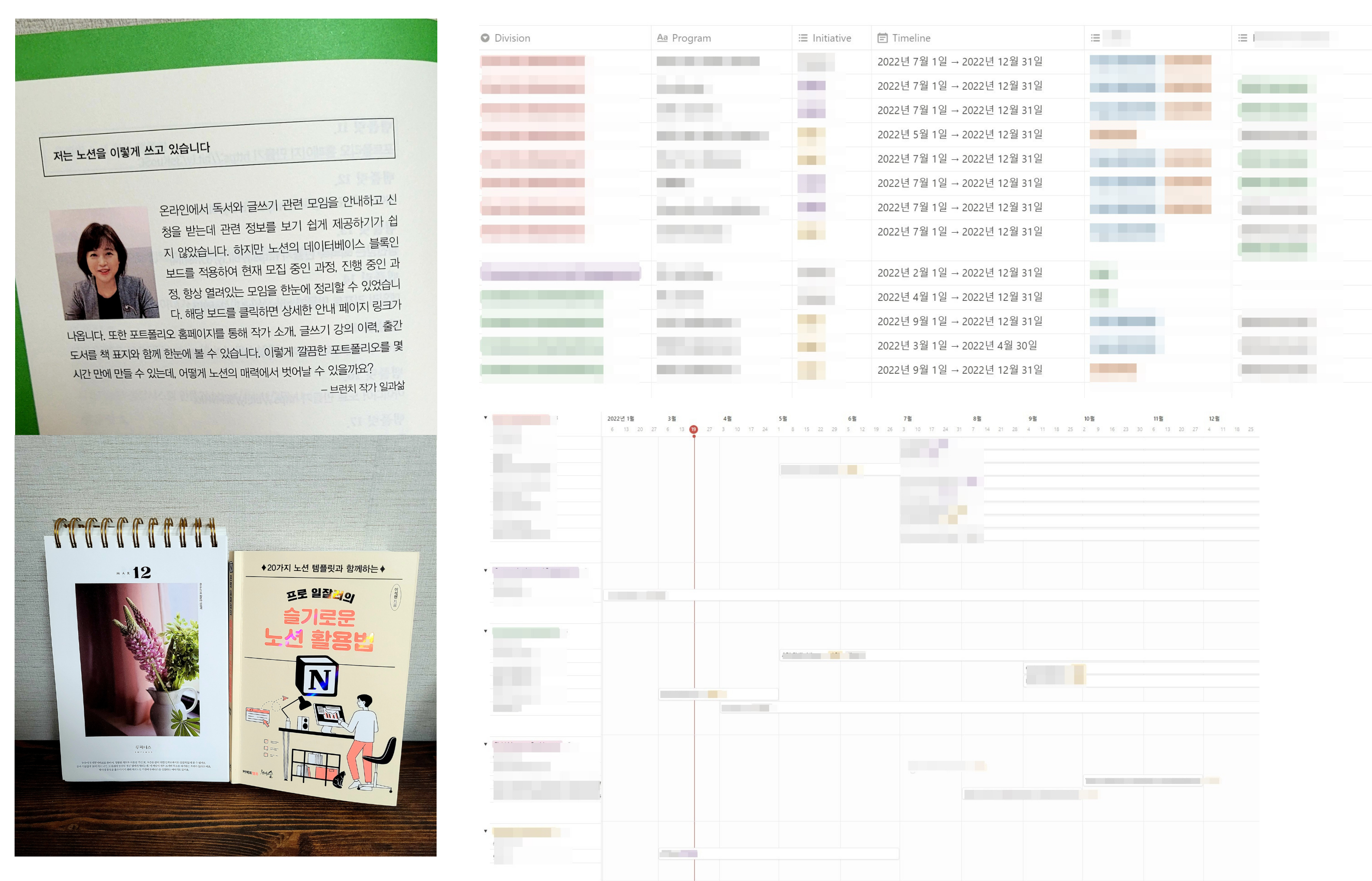 책에 실린 인터뷰와 완독 인증 사진(좌)과 동일한 데이터를 표와 타임라인으로 보기(우)