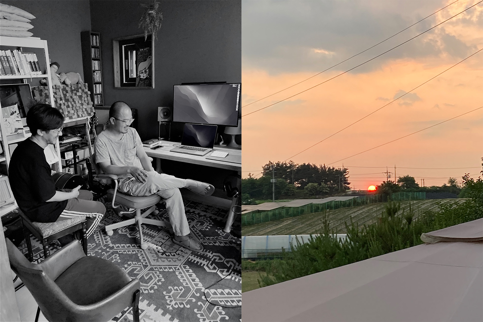 (좌) 프로듀서와 믹싱 엔지니어. 믹스 다운을 마친 후의 허허로움 / (우) 믹스 다운의 완료를 알리는 석양