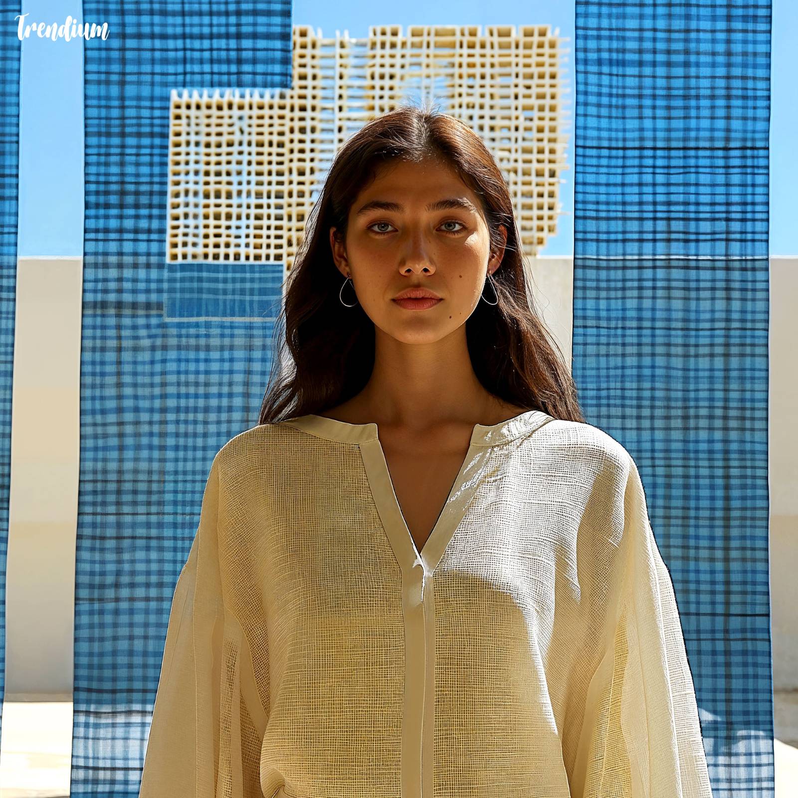 [prompt] Korean fashion editorial, model wearing linen cabana-inspired outfit, natural beige tones, standing on a rooftop veranda with striped curtain and palm leaves, soft breeze blowing, clean background, minimalistic tropical modern vibe, delicate expression, cinematic summer light --v 6 --stylize 350 --sref 4174074995