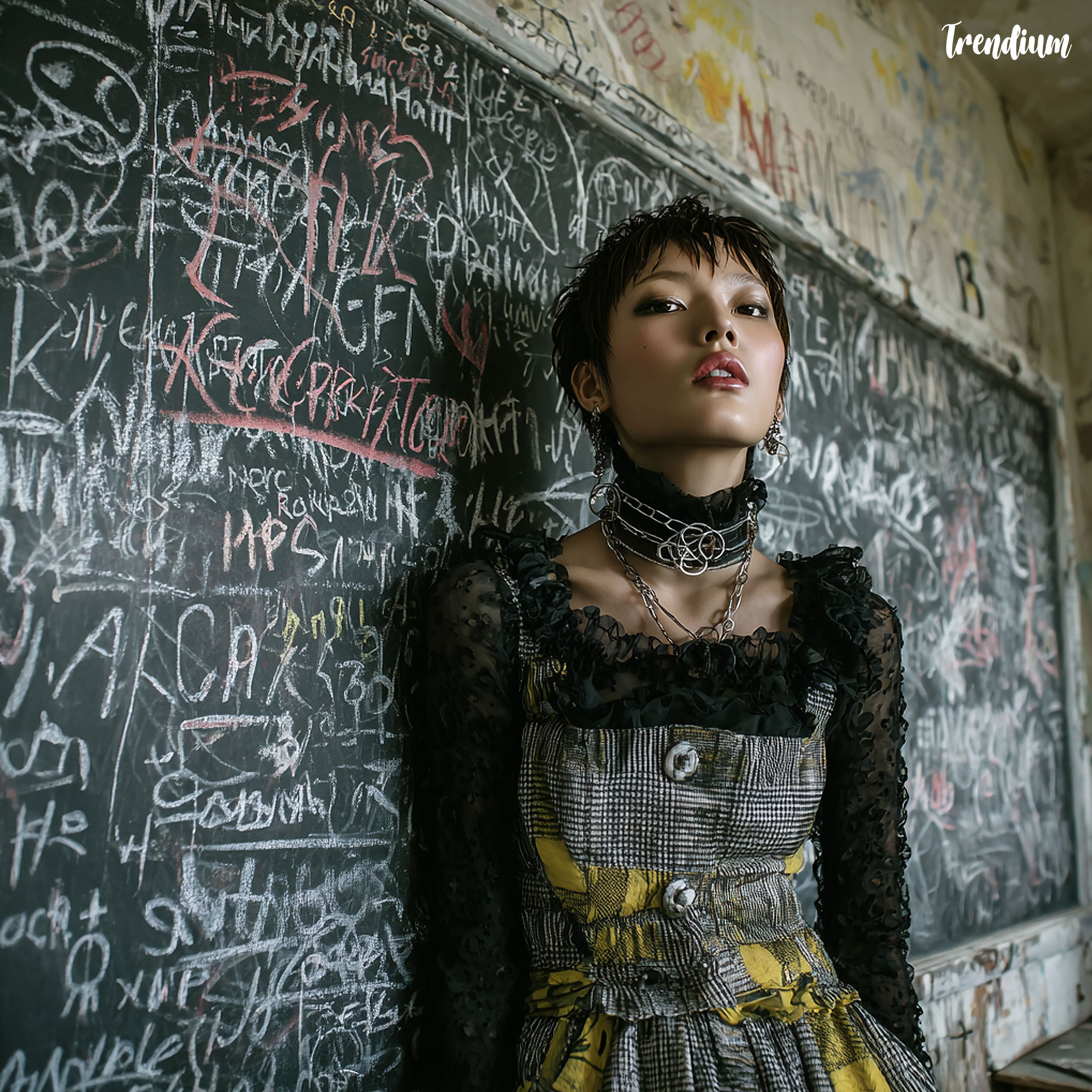 [prompt] Korean fashion shoot in abandoned school hallway, classroom walls covered in chaotic chalk poetry, Dadaist collage of political and poetic symbols. beatnik style --stylize 200