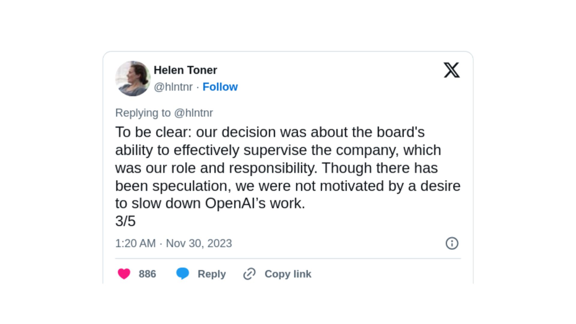 샘 알트만 복귀 이후 오픈AI 이사회에서 사임한 헬렌 토너의 트윗