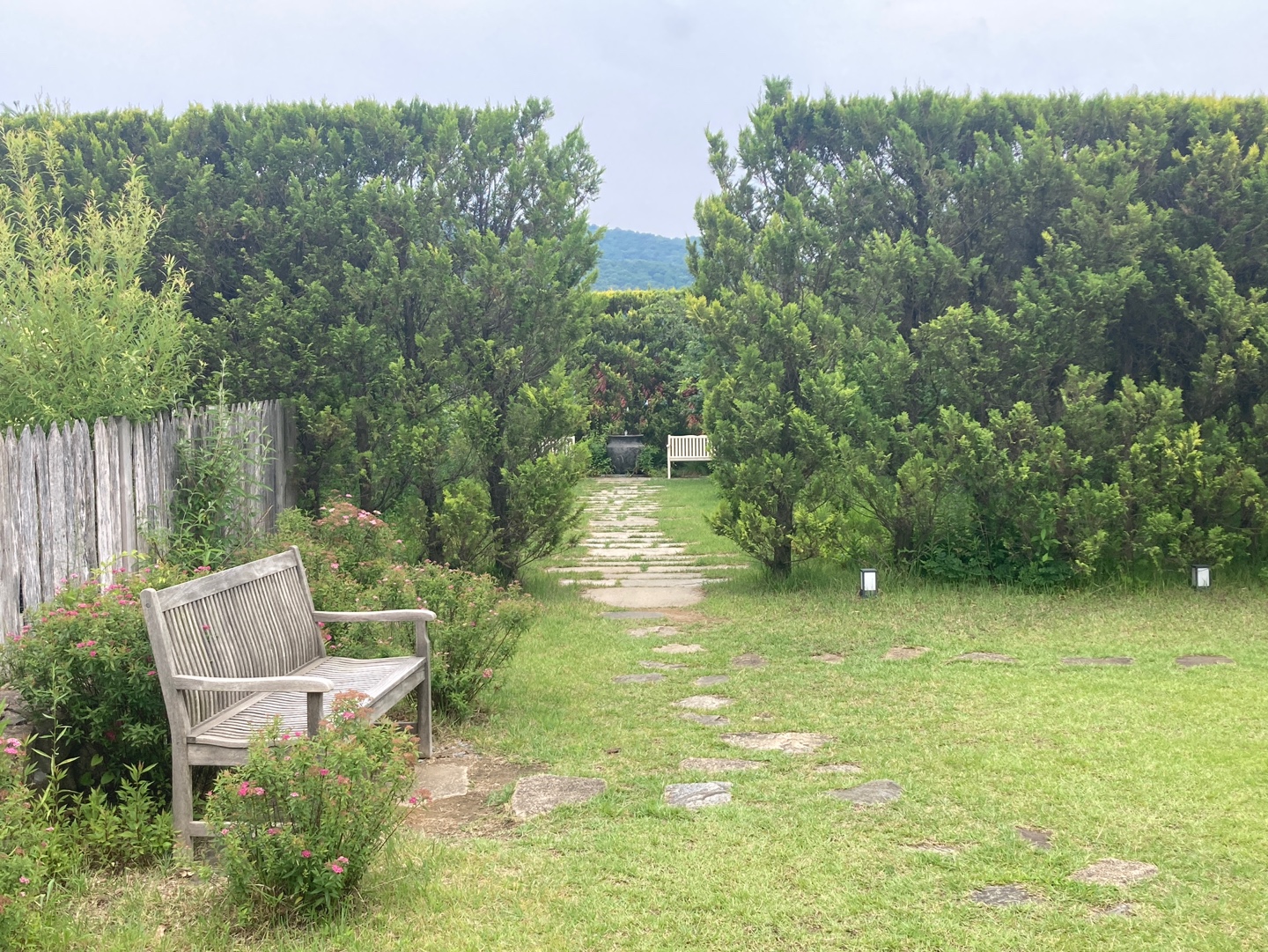 침엽수 생울타리로 둘러싸인 네모난 방같은 공간