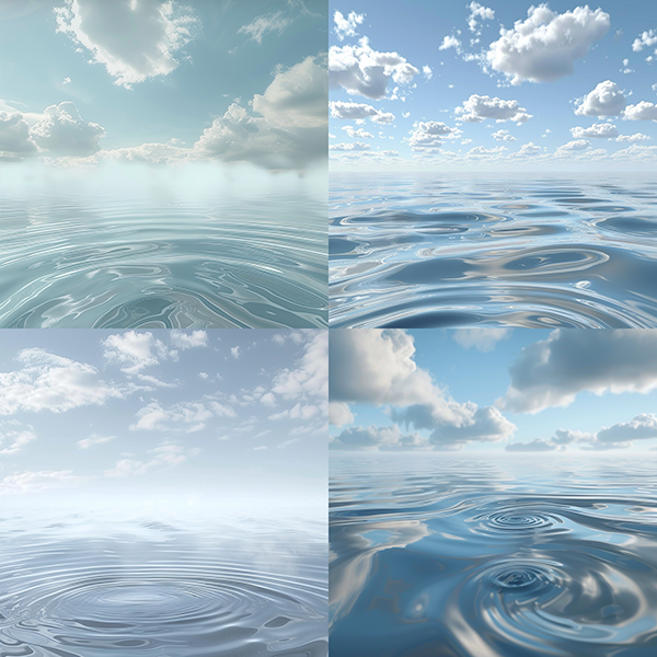 prompt : Water surface, blue sky and white clouds background, 3D rendering. The water is light gray with swirling patterns on the top of it. A few small ripples can be seen under them, creating an overall sense of calmness and tranquility. In front of the camera, there's another layer of ripples in shades of pale blue. There is some mist floating above these ruffles, adding to their ethereal appearance. This scene creates a serene atmosphere with soft lighting that enhances its peaceful mood in the style of Chinese landscape painting.