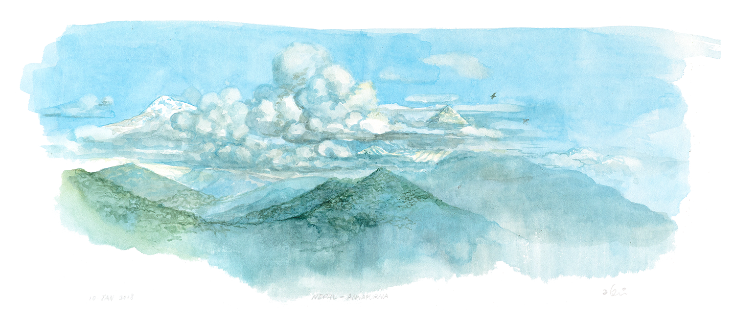 담푸스 스케치 - 구름에 감싸인 마차푸차레 (종이에 수채, 2019)