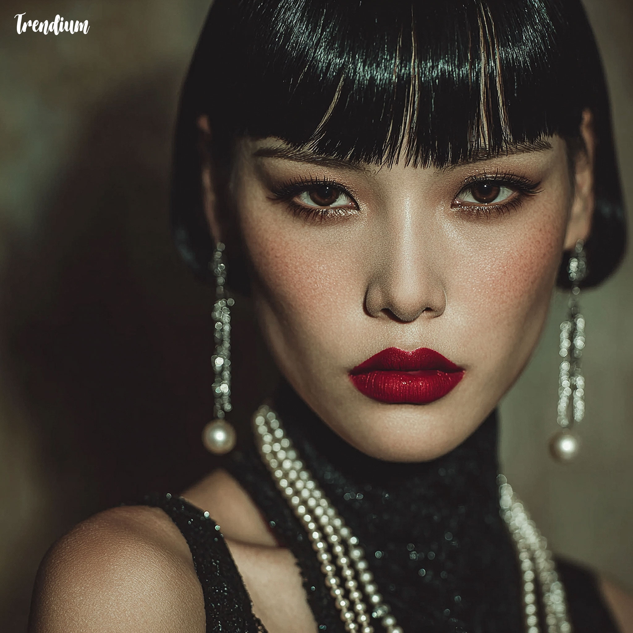 [prompt] 1920s flapper makeup close-up, bold red lips, smoky eyes, thin arched eyebrows, matte porcelain skin, pearl earrings, cinematic lighting, Korean woman --v 7 --stylize 400