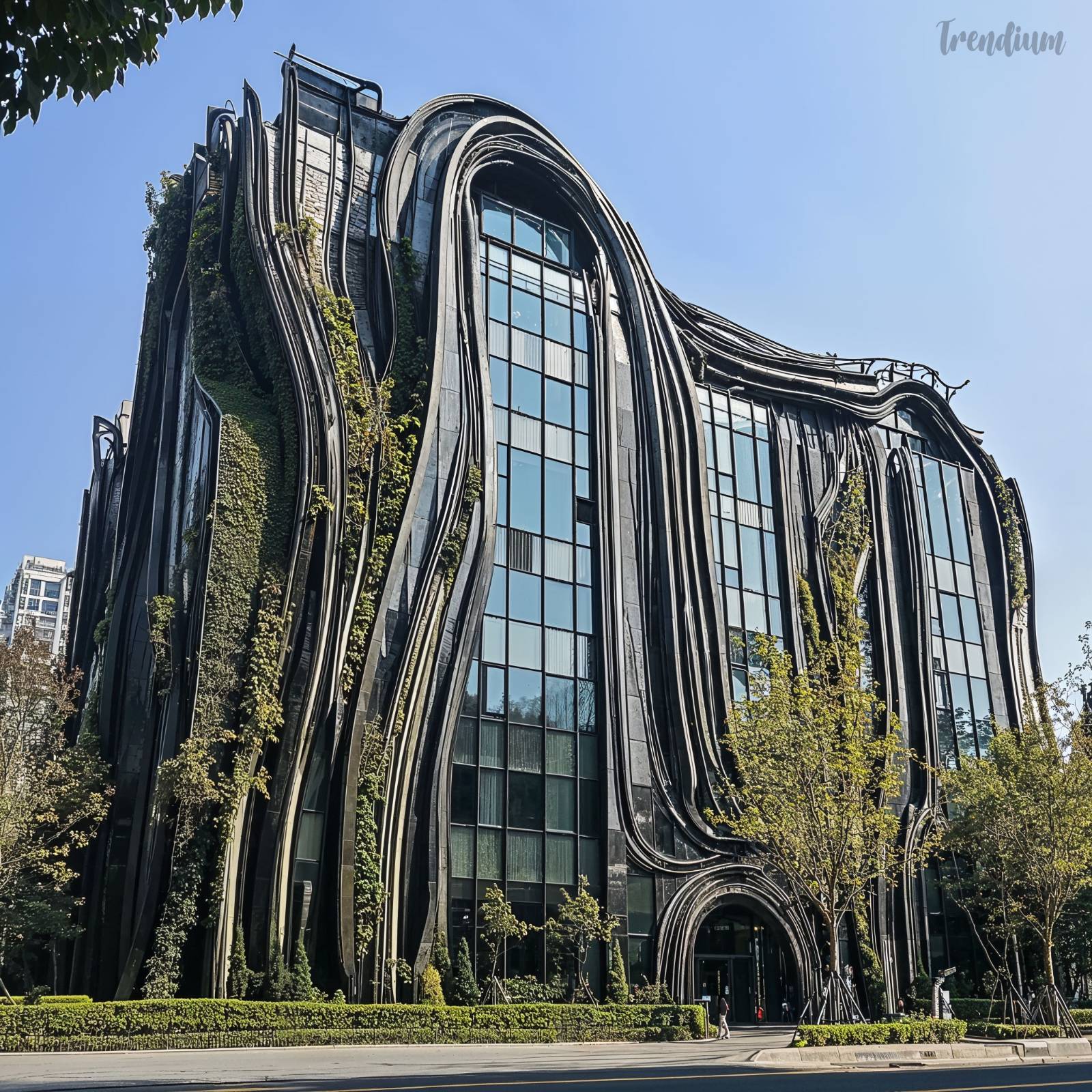 [prompt] Futuristic skyscraper influenced by Hector Guimard's Art Nouveau architecture, which features flowing organic curves, intricate iron structures resembling vines, and large, arched windows. The exterior is decorated with nature-inspired motifs, such as flowers and leaves, combined with modern materials like glass and metal. The building combines futuristic design and elegance to integrate natural forms and cutting-edge technology and is set in a vibrant, shiny urban skyline.