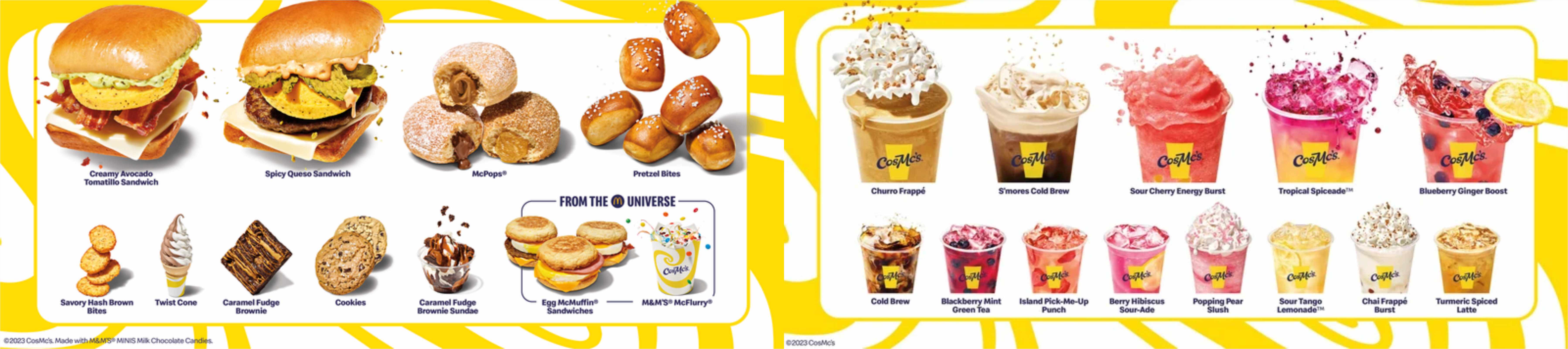 '코스막스'는 츄로스 프라페, 콜드 브루, 차이 등의 음료와 샌드위치를 비롯 쿠키, 아이스크림 등을 1호 메뉴로 공개했어요.
