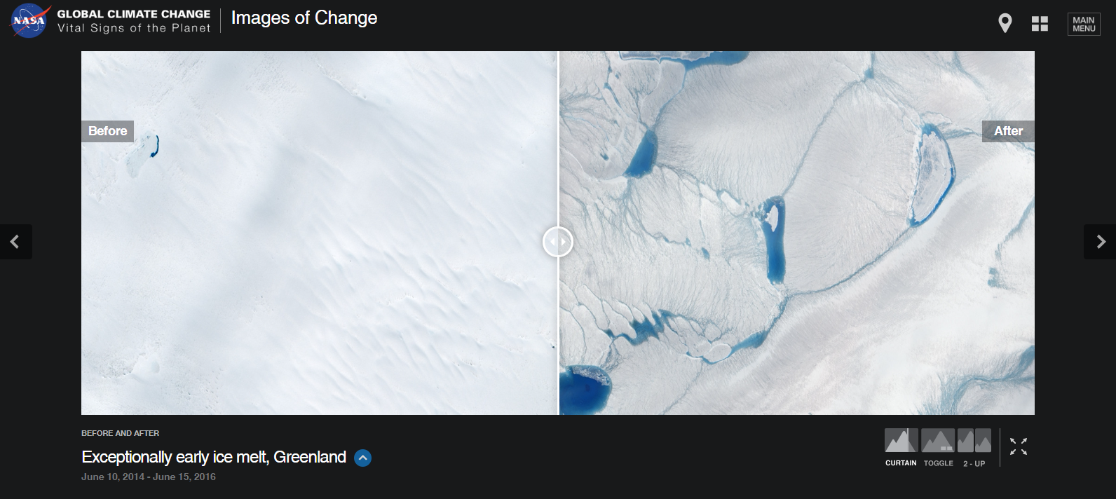 ▲ 그린란드의 빙하, 각각 1984년과 2021년