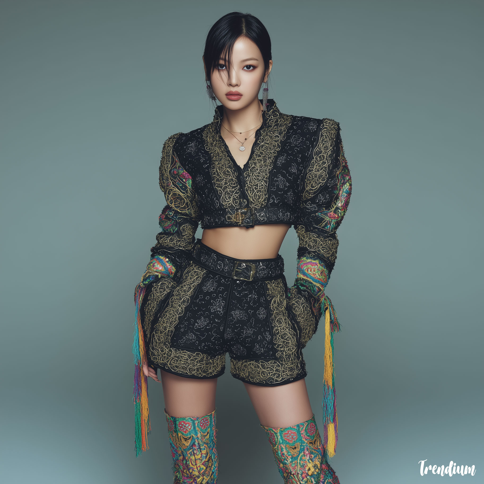 [prompt] K-pop girl idol in modern black cropped jacket embroidered with golden dancheong patterns, paired with high-waist shorts, colorful tassel ribbons attached on shoulders, high boots, Harper’s Bazaar editorial, Canon EOS R5, 50mm f/1.2, stage spotlight --style raw --v 7 --stylize 300
