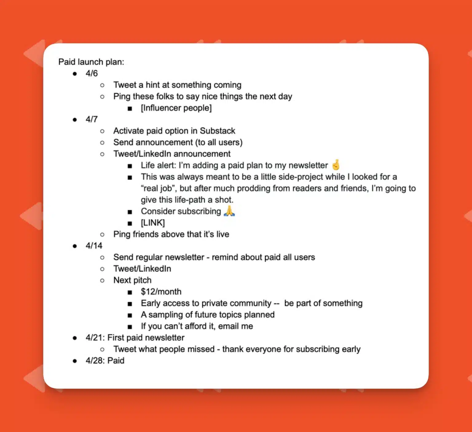 당시 Lenny가 적었던 출시 계획표