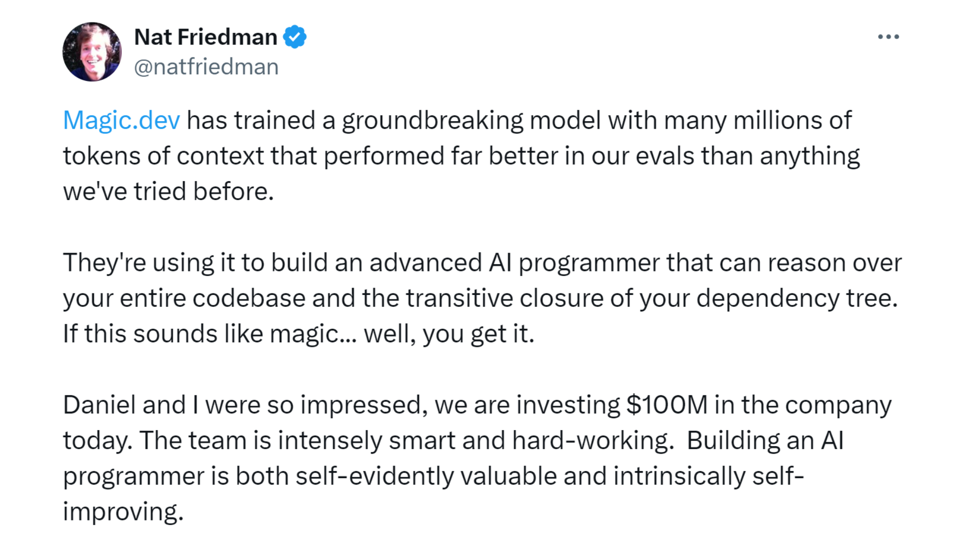 Magic AI 투자 이유를 설명하는 냇 프리드먼의 트윗