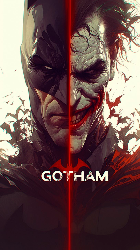 face to face left half [batman] and right half [joker] with the text 