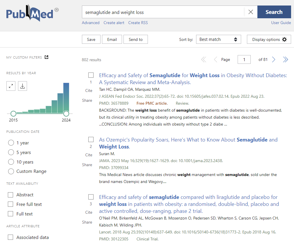 PubMed에서 'semaglutide and weight loss'로 검색한 결과