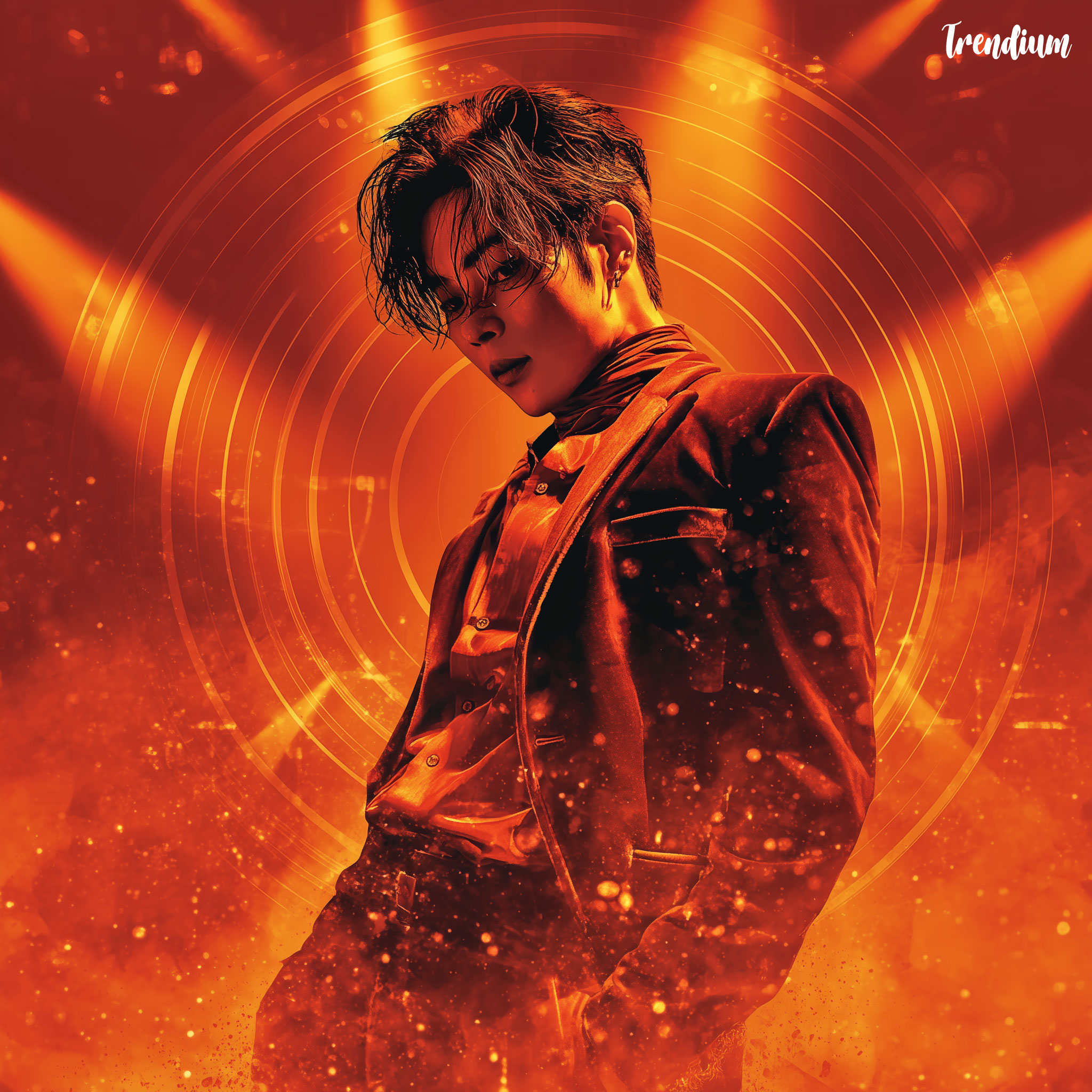 [prompt] Korean idol male model in a deep burgundy velvet Teddy Boy jacket with satin lapels and high-waisted slim pants, bold DA hairstyle with modern waves, standing under dramatic stage spotlights with smoke effects, charismatic gaze, dark idol glam look --sref 696196595 --v 7