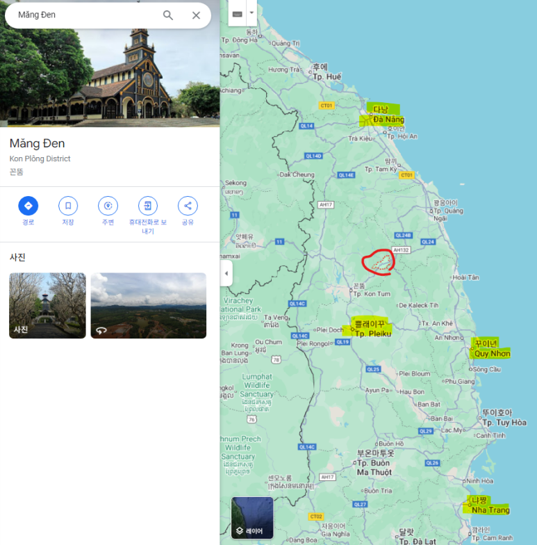 베트남 중부 꼰뚬 성에 위치한 망덴. 다낭과 뀌년 사이에 있음.(빨간 동그라미)
