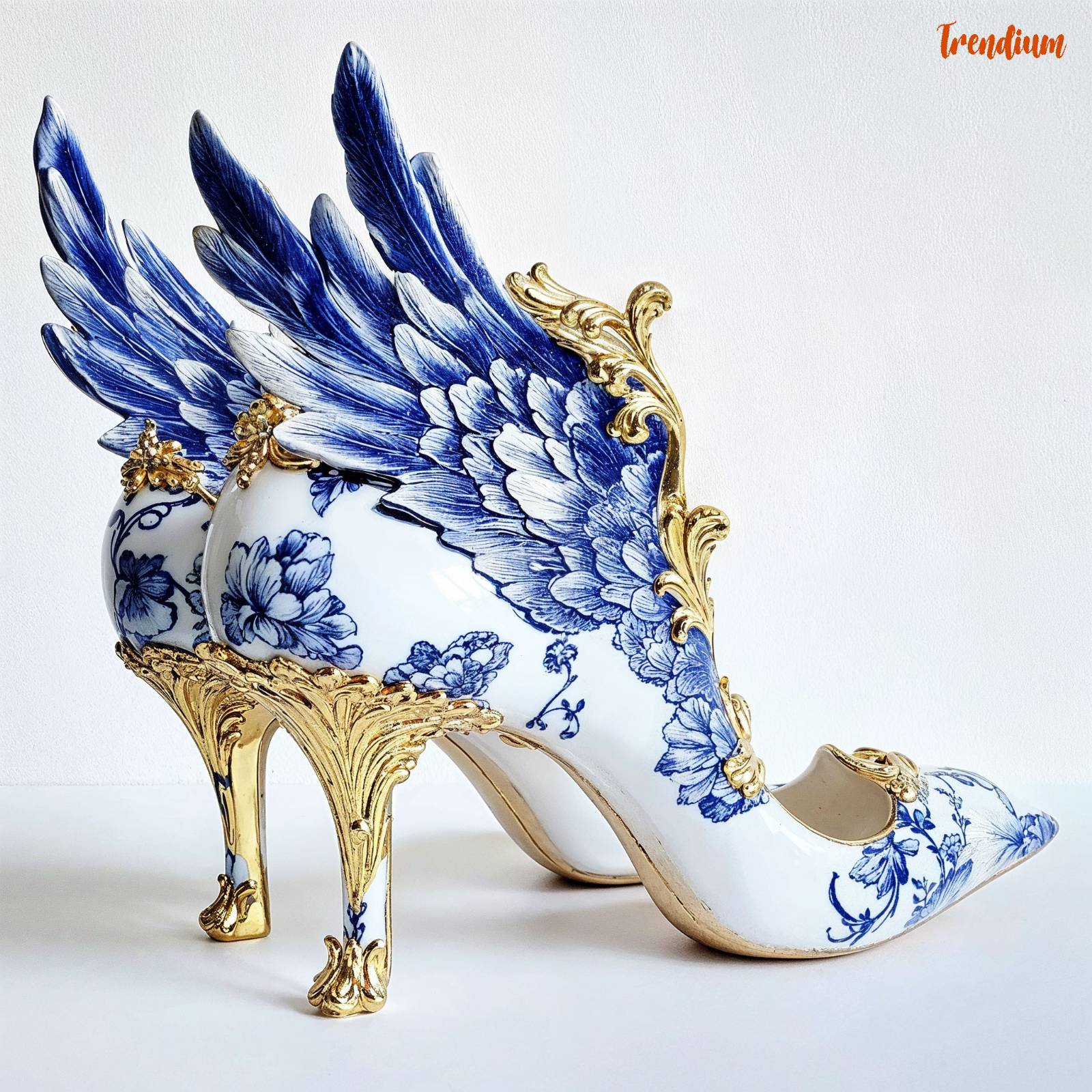 [prompt] shoes with wings, white and blue porcelain, gold point, Baroque style pattern