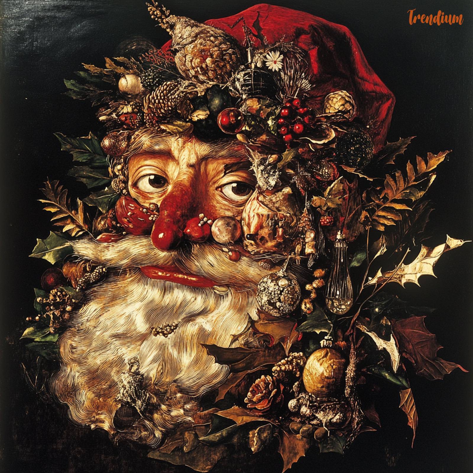 [prompt] giuseppe arcimboldo, Pareidolia art, Portraits of Santa Claus Form, Surrealism, 16th Century Painting Art with Combinations of Christmas ornaments. no human