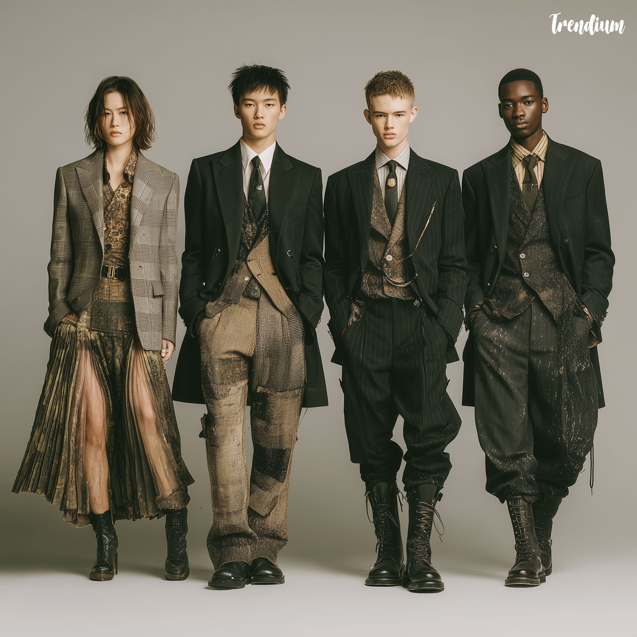 [prompt] runway style editorial, models in tailored blazers, silk ties, pleated skirts, military-inspired coats, Balmain and Raf Simons mood --style raw --v 7 --stylize 300