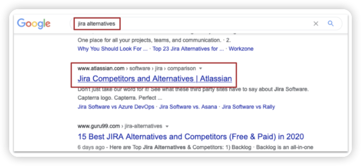 사람들이 JIRA 제품에 대한 대안을 검색할 때, 아틀라시안(Atlassian)은 네 번째 오가닉 결과에 나타납니다.