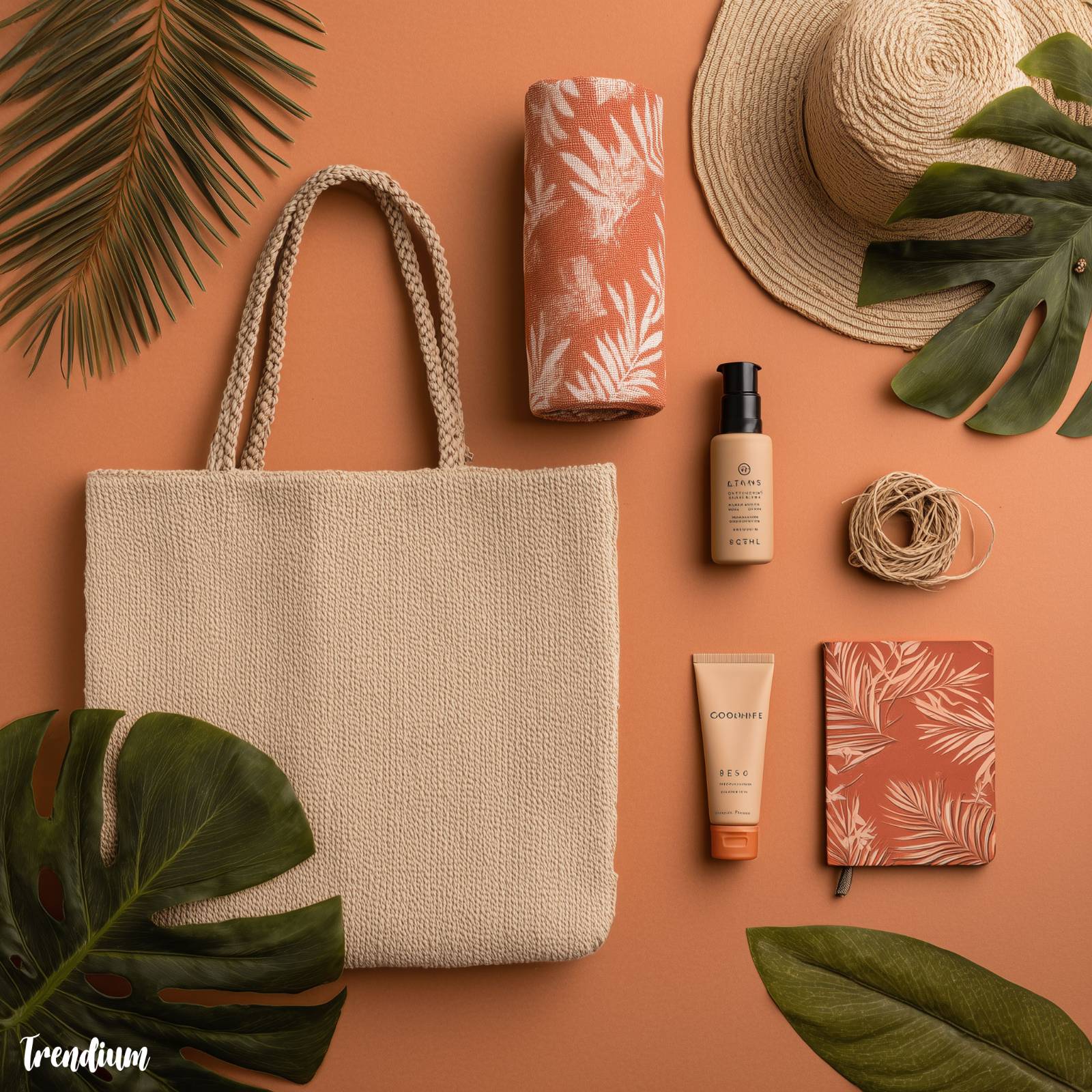 [prompt] a curated tropical travel kit, woven tote bag with rolled linen towel, sun cream, straw hat, notebook, tropical leaves scattered, aesthetic overhead flat lay, cabana inspired color scheme, beige and coral tones --style raw --v 7