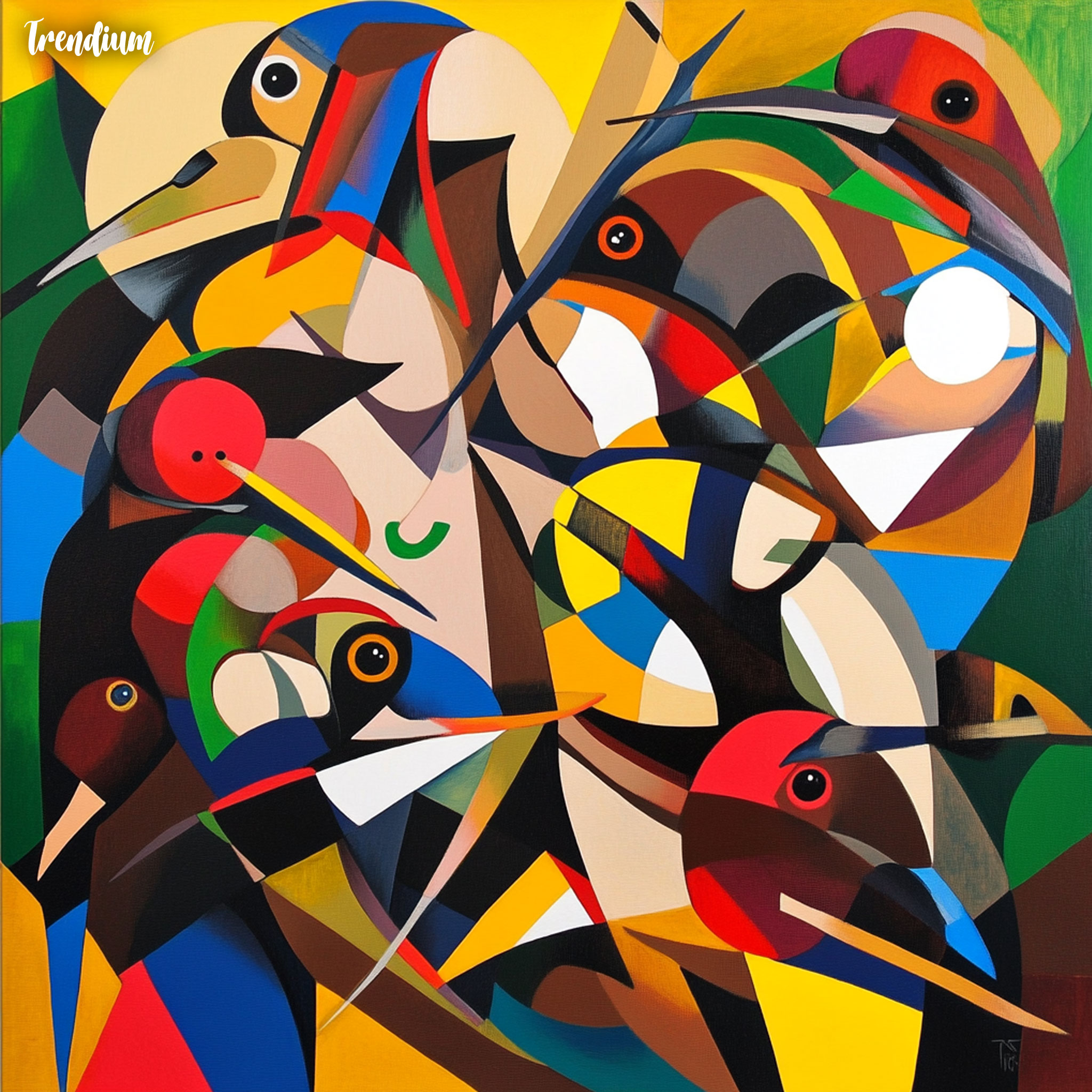 [prompt] birds. Cubism, geometric form, multi-view, planarity emphasis, non-perspective, color limitation, simplification of lines, segmentation of faces, abstraction, unstructured figures, symmetry breaking, combination and reconstruction