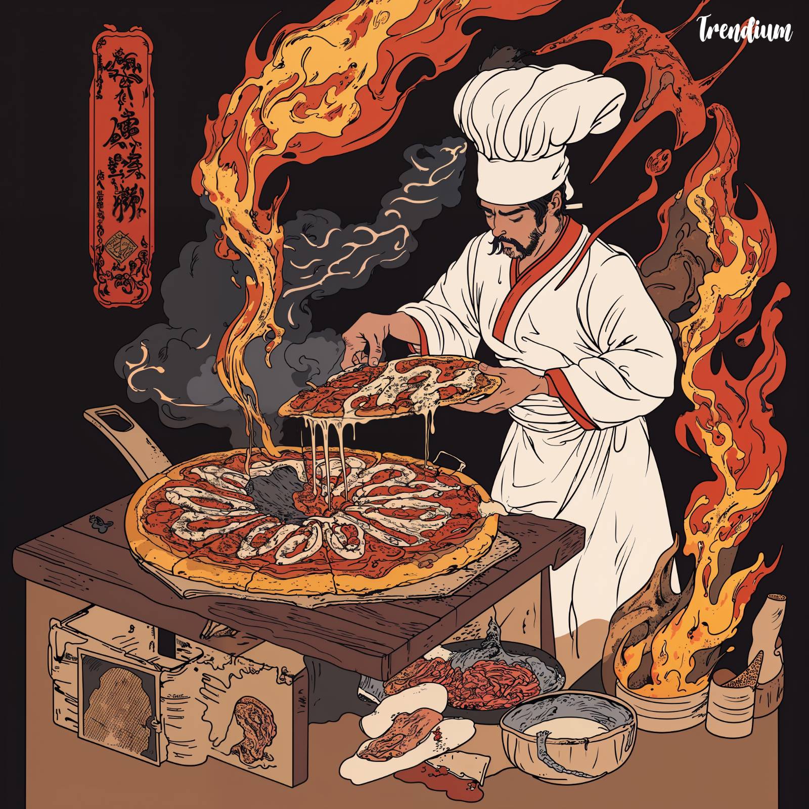 [prompt] Pizza-baking chef. ukiyoe style, zaponism-inspired concept drawing