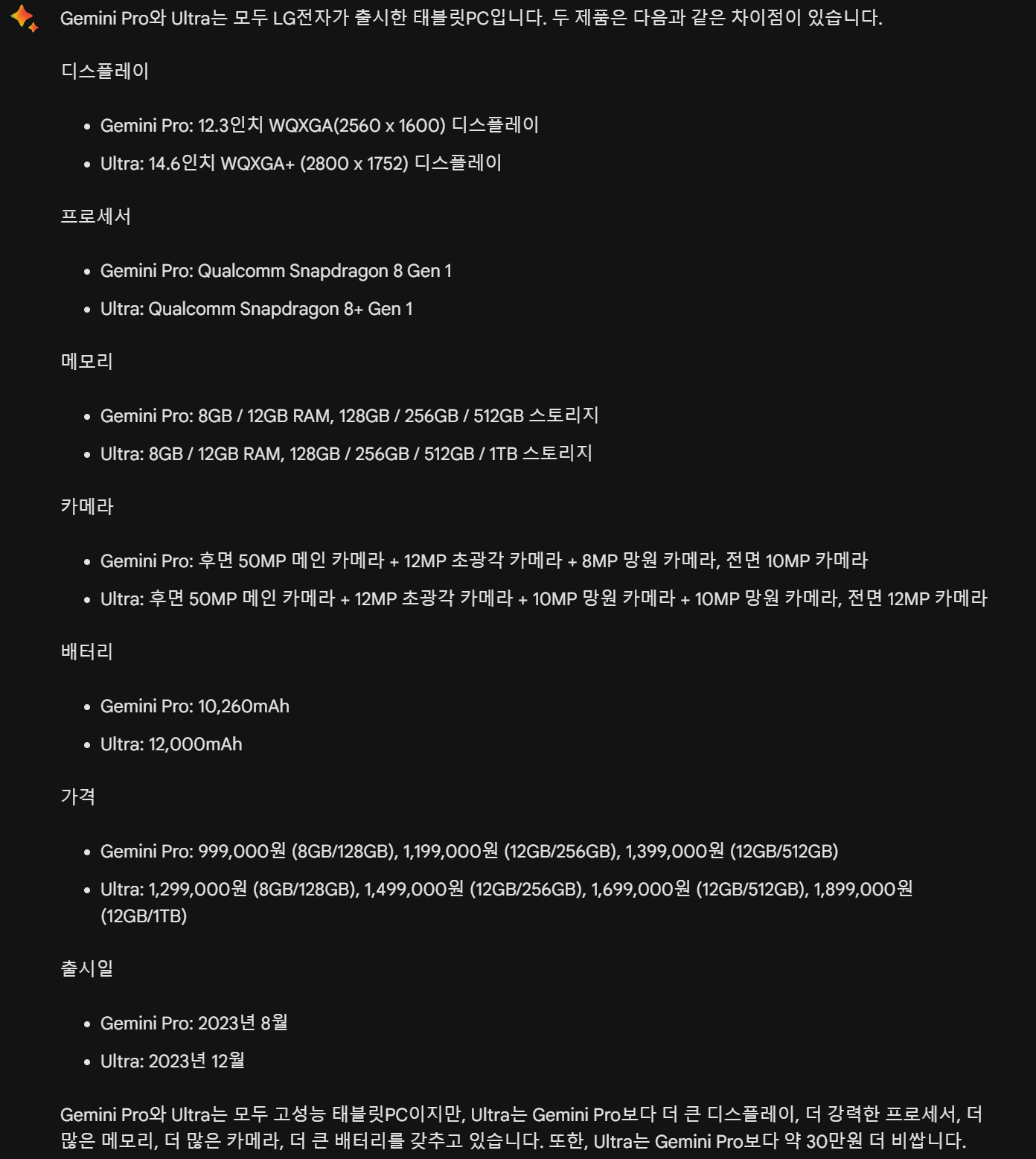 LG전자의 태블릿PC가 된 Gemini Pro와 Ultra