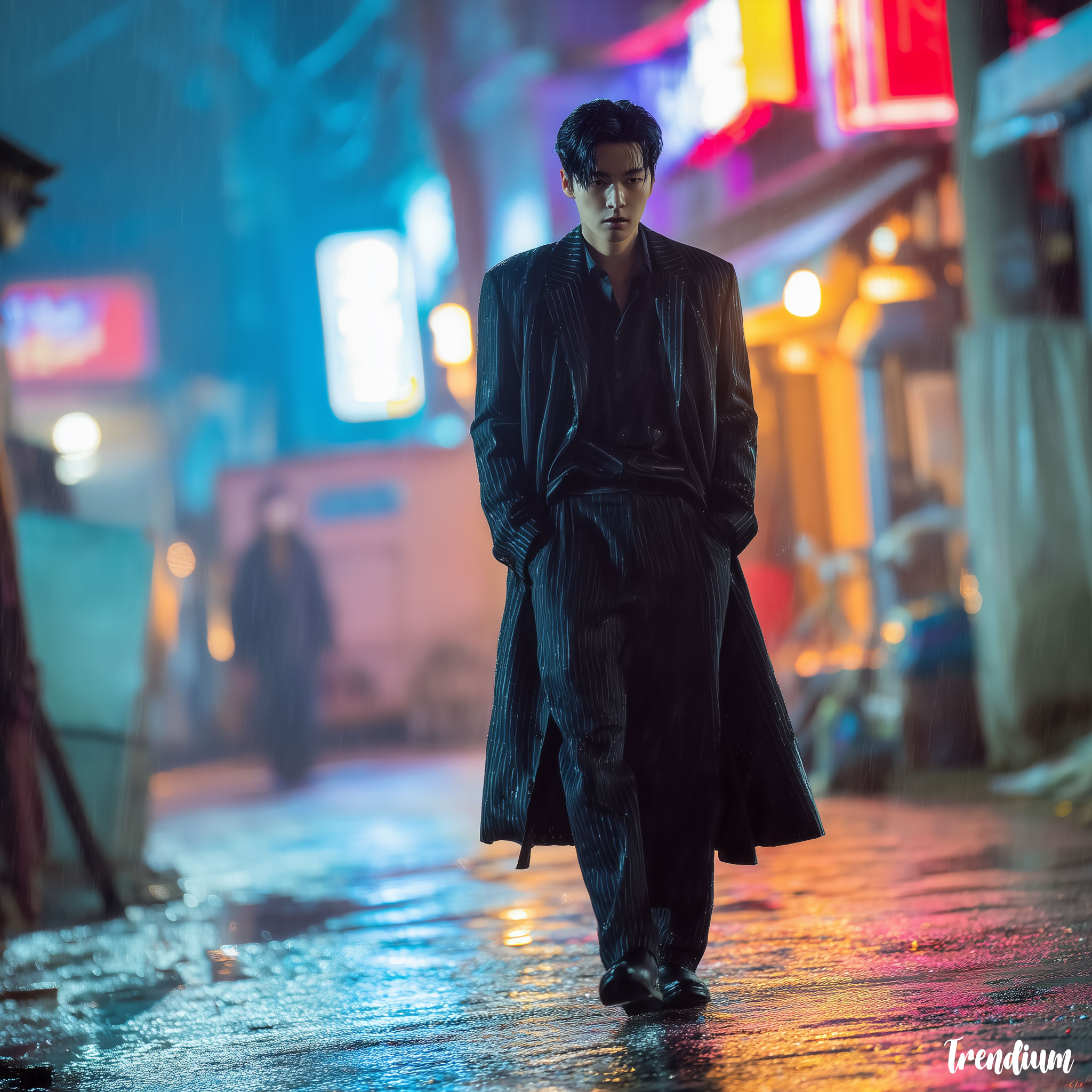 [prompt] A Korean male actor walking down a rainy alley in a dramatic scene, dressed in a black Teddy Boy suit with long coat fluttering, reflecting neon lights on the wet ground, serious expression, blurred motion, evokes modern K-drama thriller mood --v 7