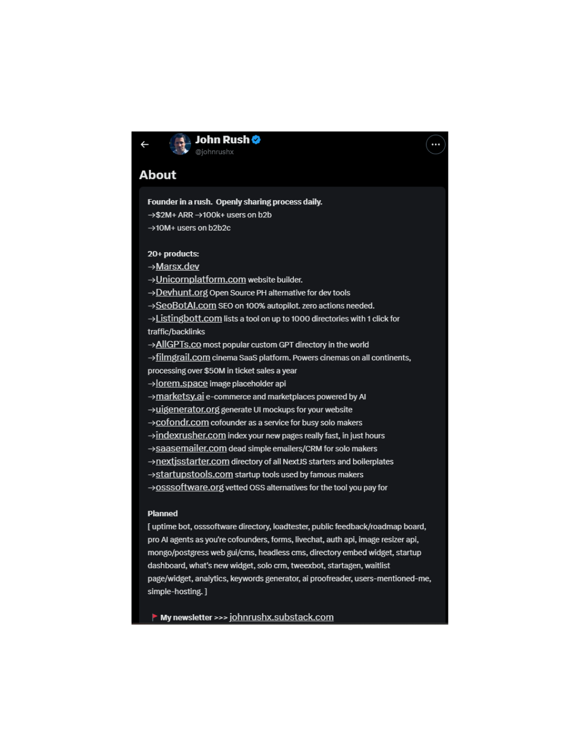 John Rush의 트위터에 현재 사업중인 목록들이 나와있다.
