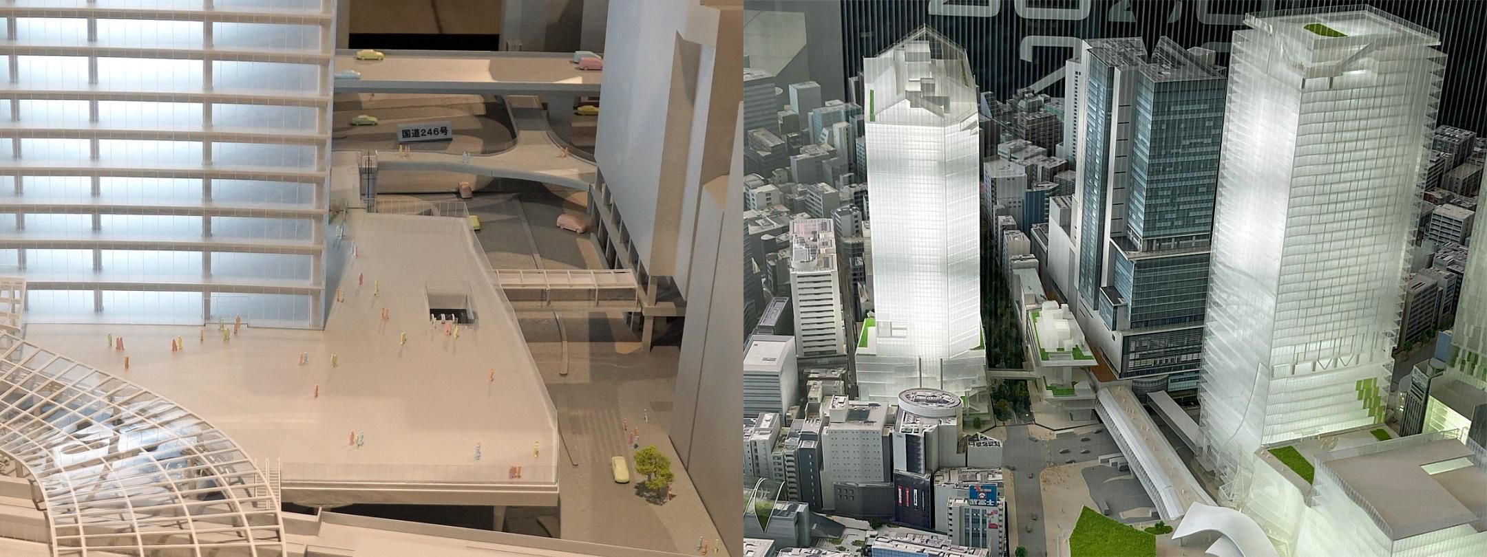 완성형의 시부야에 대한 궁금증은 역시나 감출 수 없었을까요. '히카리에' 11층에서는 모형으로 만들어본 시부야 인근 재개발의 완성형이 전시되고 있기도 해요. 그 중 역 서쪽 출구 앞에 마련될 광장(左)과 2031년 완공 예정 미야마스자카 지구의 고층 빌딩과 시부야 히카리에, 그리고 시부야 스크램블 스퀘어의 동관과 중앙관과 서과의 모습(사진 내 왼쪽부터)