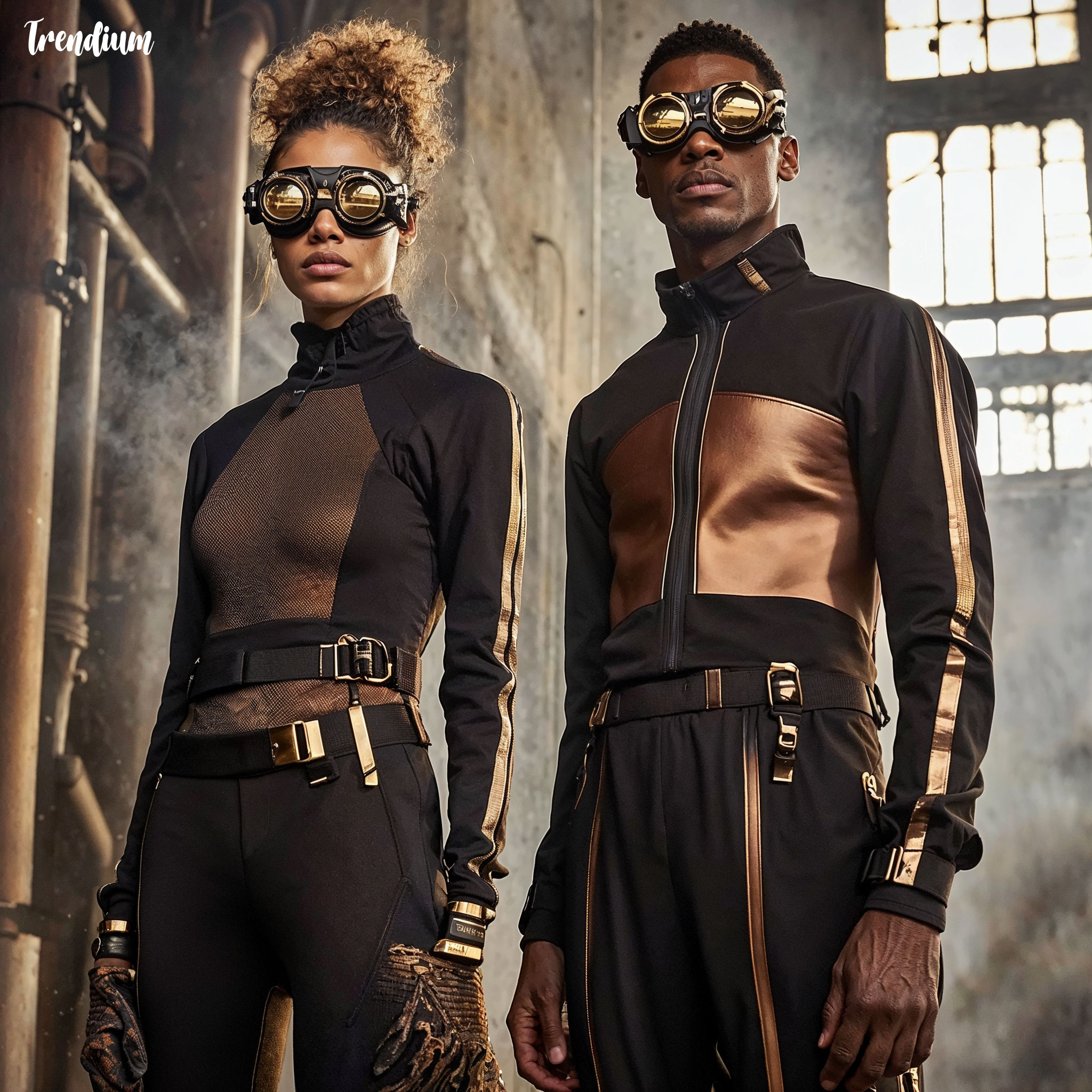 [prompt] Create a high-fashion photoshoot featuring a male and female model wearing futuristic, steampunk-inspired sportswear designed by Adidas. The outfits combine cutting-edge athletic functionality with steampunk aesthetics. The female model wears a form-fitting, metallic copper and charcoal tracksuit with gear-shaped mesh panels for breathability, accented by brass buckles and leather details. She pairs it with sleek, futuristic running shoes featuring chunky, gear-like soles and metallic stripes. The male model sports a high-tech, fitted performance jacket with brass zippers and industrial-style straps, paired with streamlined joggers featuring copper piping details. Both models accessorize with futuristic goggles, wristbands with built-in tech features, and armguards that blend mechanical elements with sleek performance design. The iconic Adidas logo is subtly incorporated into the designs through metallic accents and futuristic branding. The photoshoot is set in a futuristic urban environment with industrial steam pipes, gears, and misty lighting that emphasizes the fusion of Victorian mechanics and modern athletic innovation. The atmosphere is energetic, trendy, and aimed at the MZ generation, highlighting Adidas’ forward-thinking approach to sportswear.