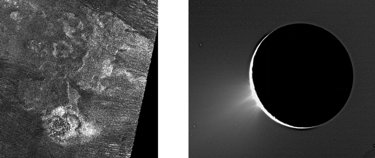 (왼쪽) 카시니에서 촬영한 타이탄의 극저온 화산입니다. (오른쪽) 토성의 다른 위성, 엔셀라두스의 저온 화산에서 물기둥이 뿜어져 나오는 사진입니다. 역시 카시니에서 촬영했습니다.