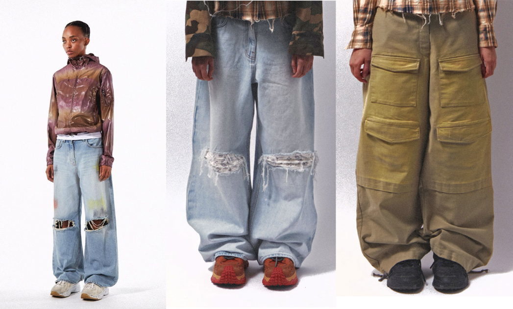 painting wide washing denim pants, knee patch light denim, bleach washed cargo pants