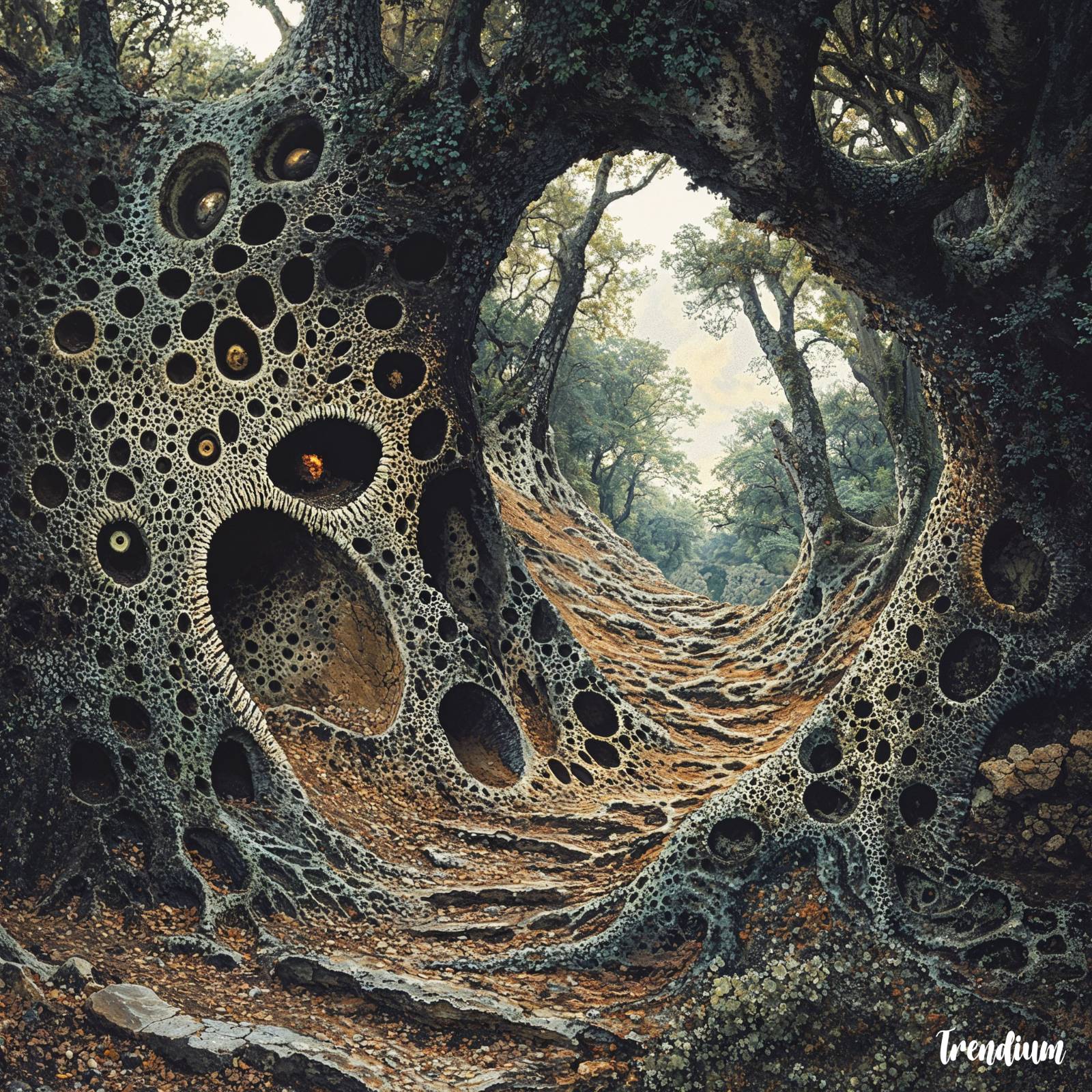 [prompt] A surreal, dreamlike forest where trees are textured with intricate, organic patterns created through the frottage technique, resembling strange, ancient symbols and fossil-like forms. The ground is uneven, covered with abstract, layered textures of rocks and leaves that seem to shift and swirl. From within the textured surfaces of the trees and rocks, a mysterious creature appears to be trying to break through--its distorted form partially emerging, as if blending and yet contrasting with the surrounding patterns. The creature's features are enigmatic and surreal, with eyes that glow subtly and limbs that intertwine with the textures around it. The sky is dark and moody, filled with swirling, cloud-like forms that echo the rough textures below. The overall atmosphere feels mysterious and unsettling, with the presence of the strange creature adding a sense of tension and intrigue, evoking Max Ernst’s signature style.